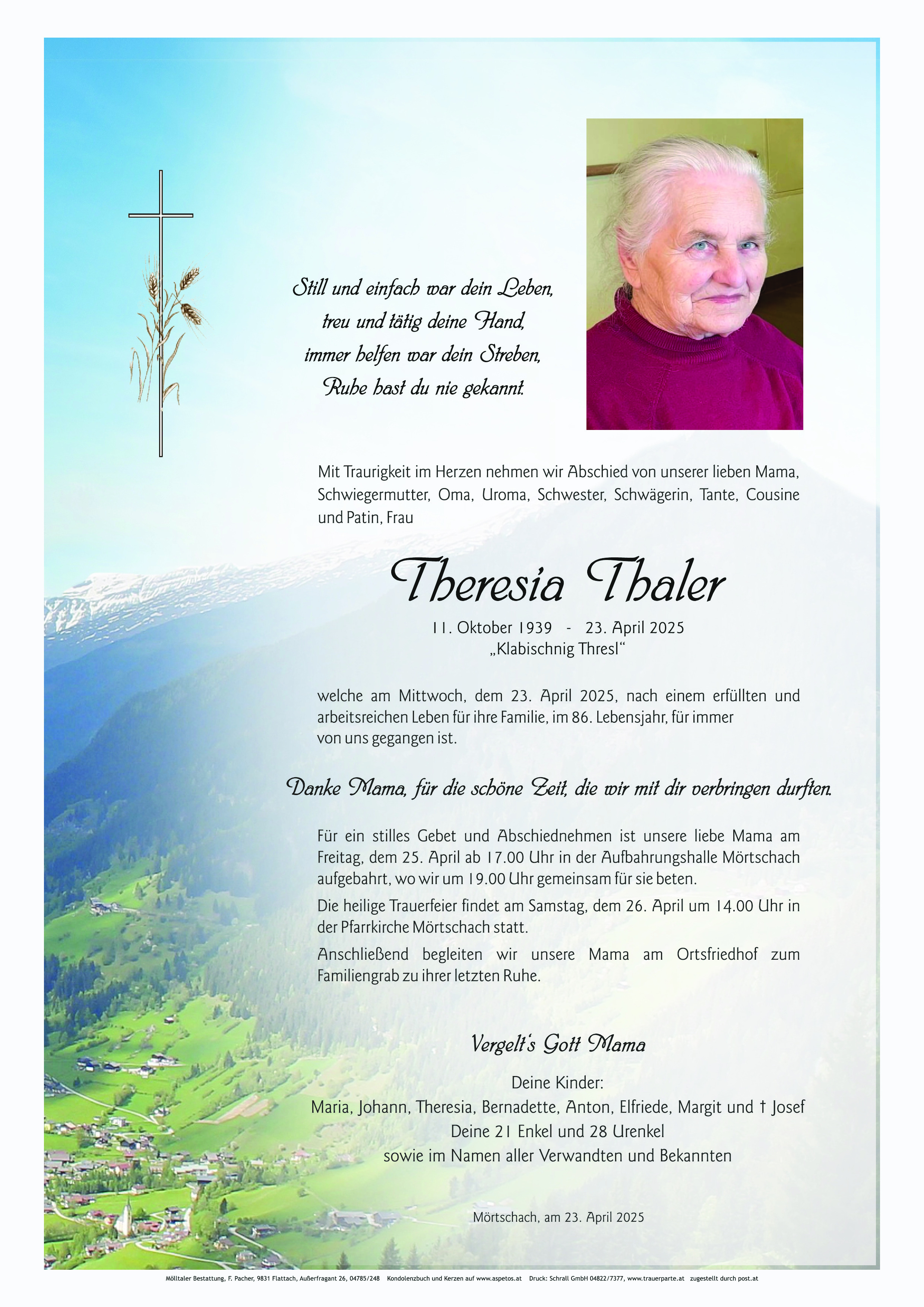 Traueranzeige von Theresia Thaler