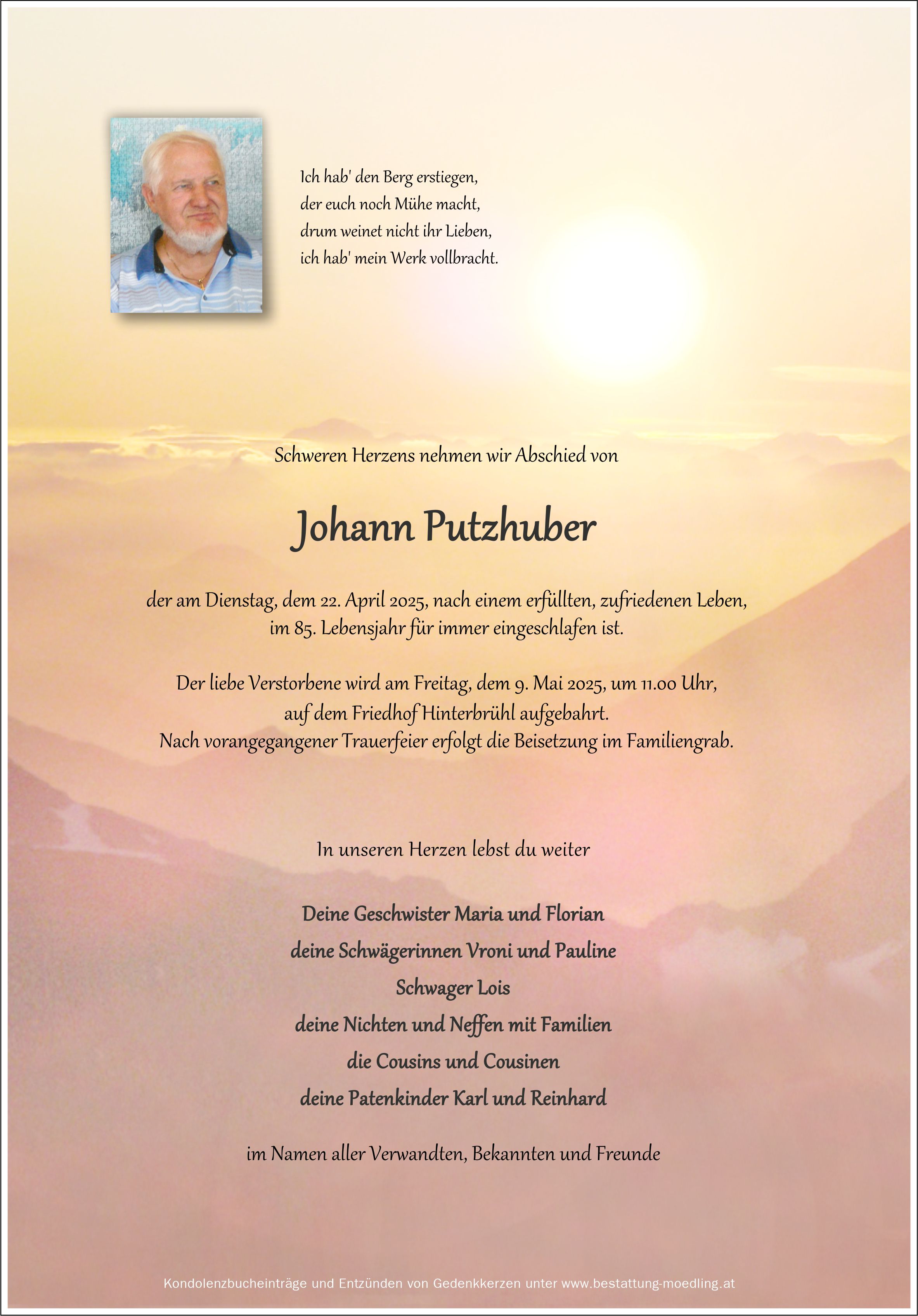 Traueranzeige von Johann Putzhuber