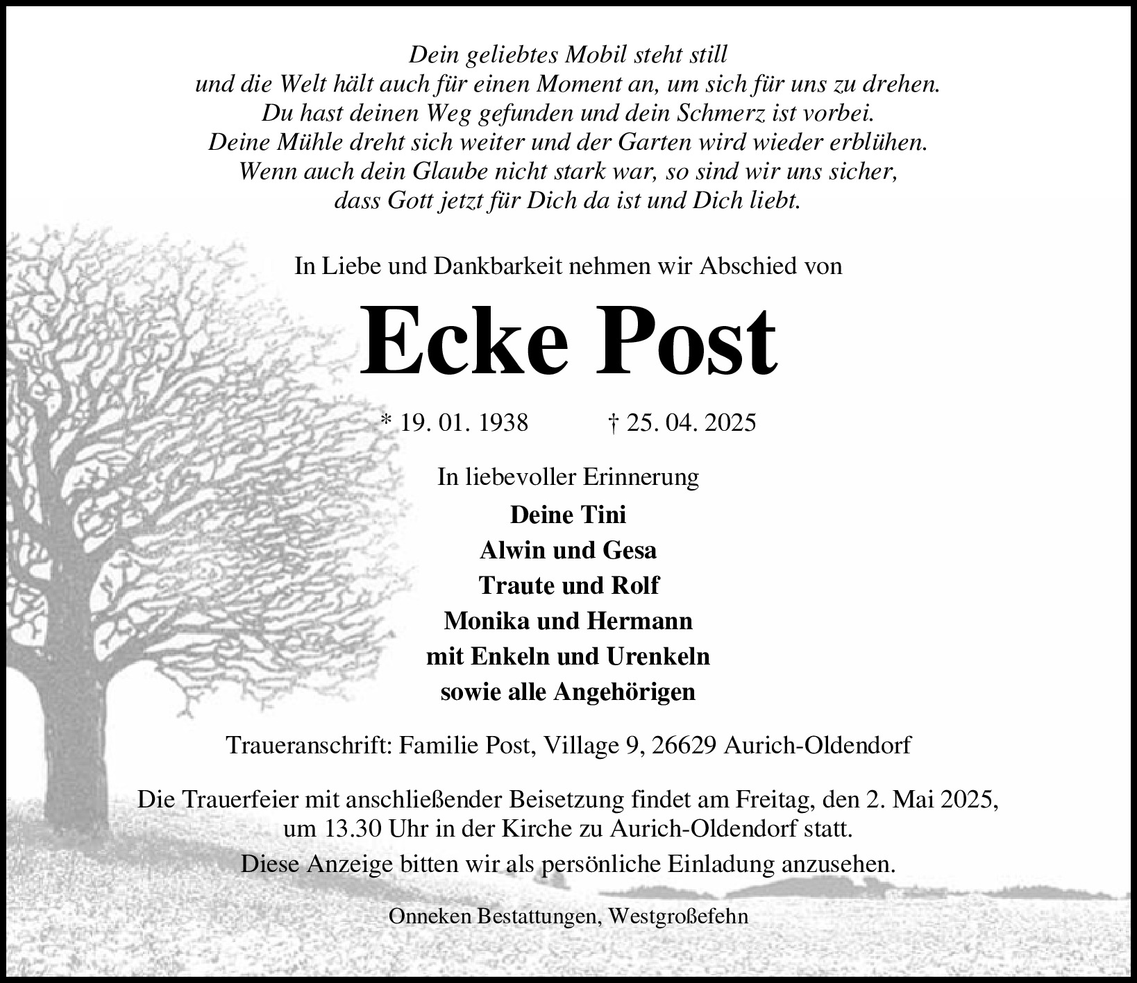 Traueranzeige von Ecke Post
