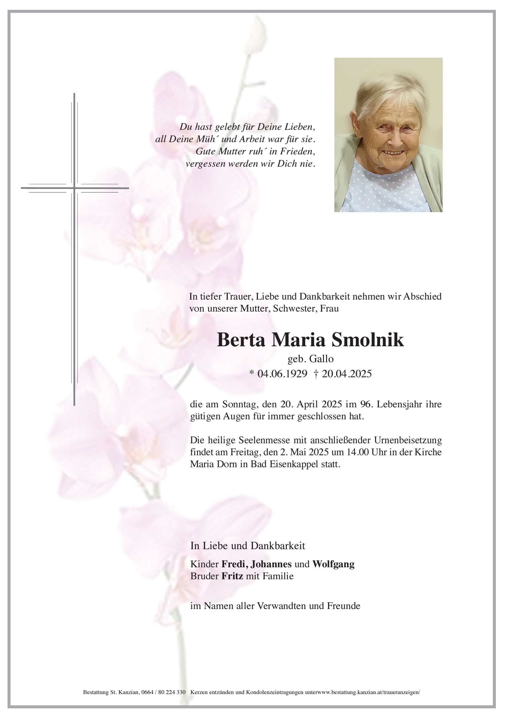 Traueranzeige von Berta Maria Smolnik