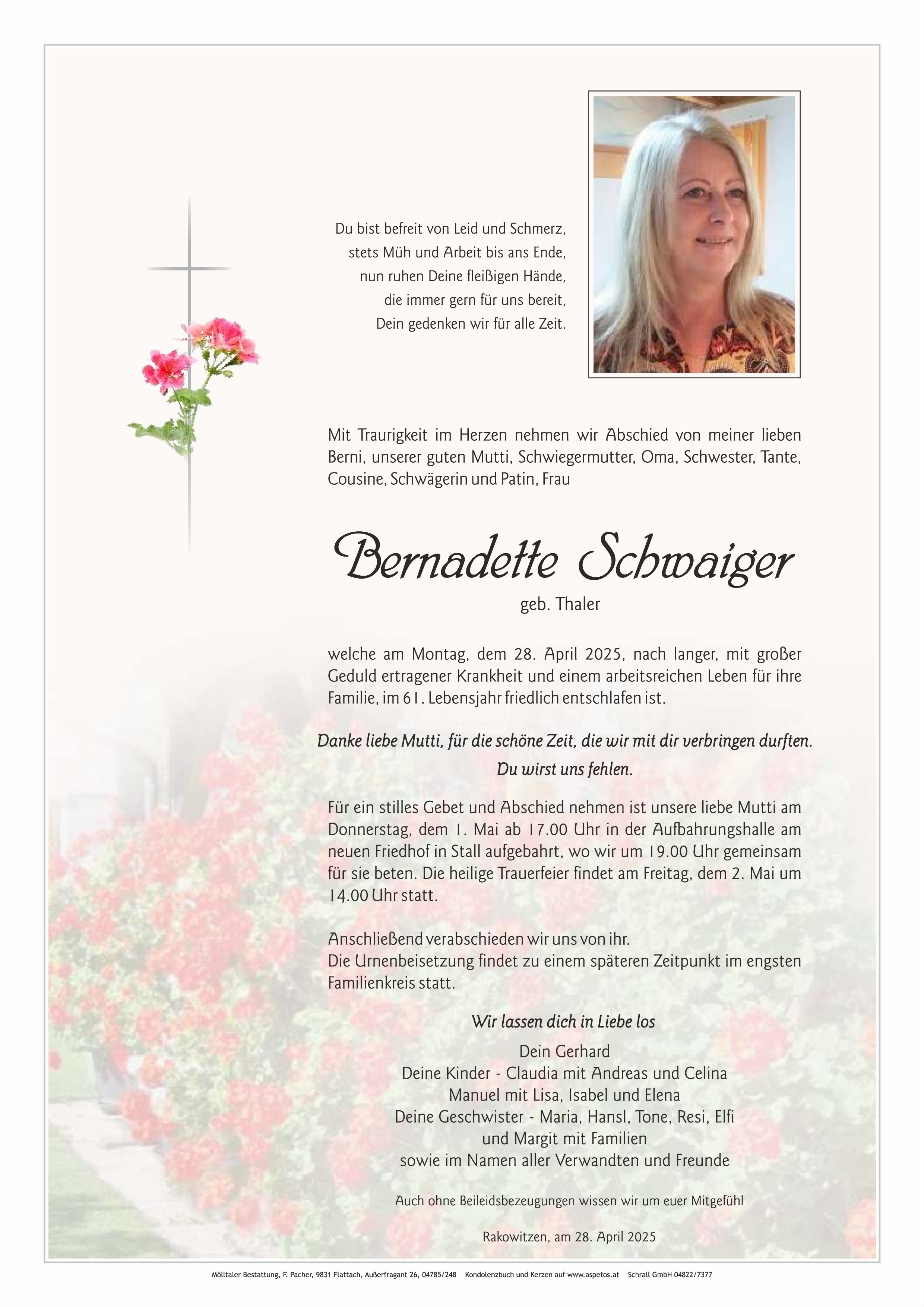 Traueranzeige von Bernatette Schwaiger