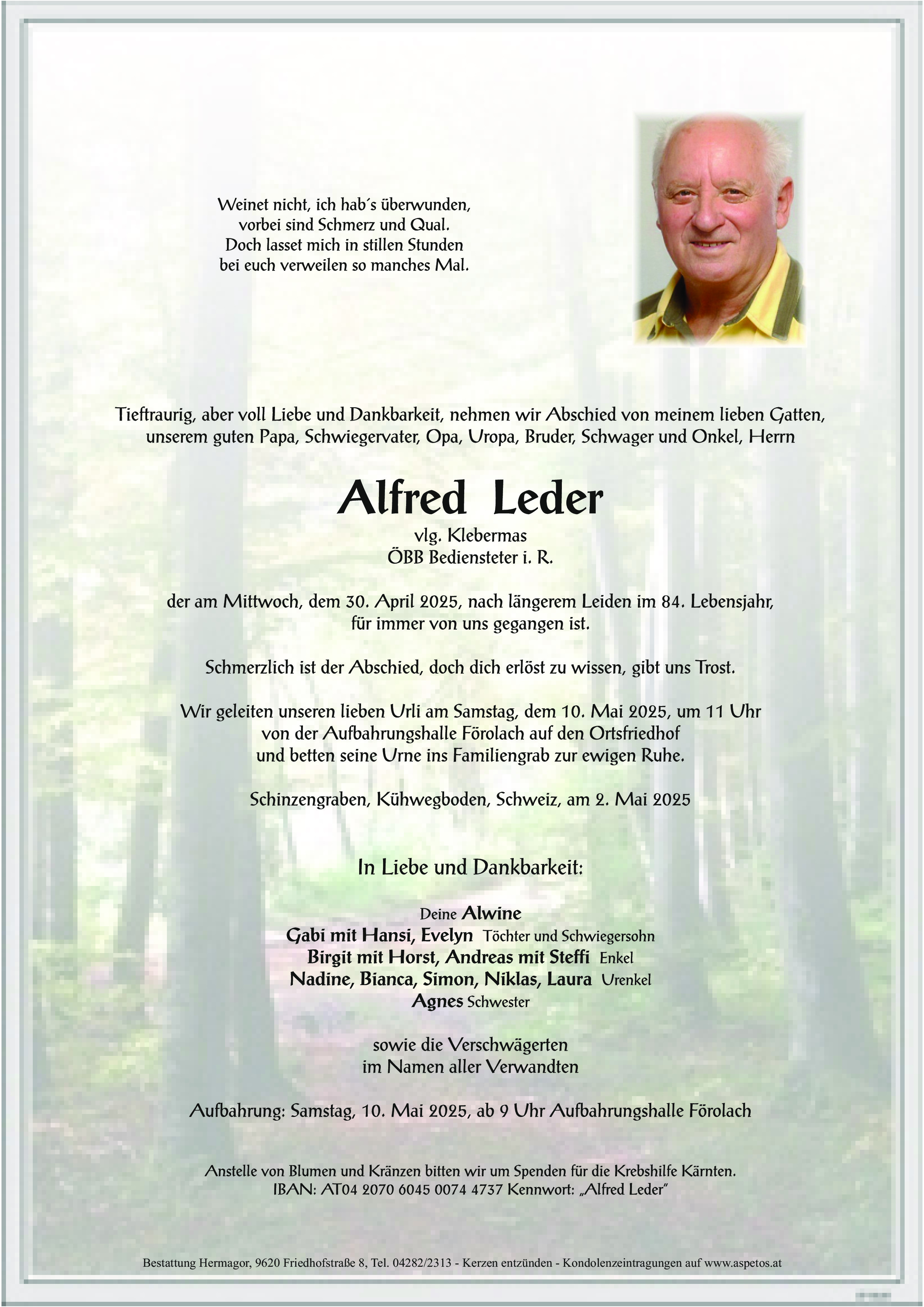 Traueranzeige von Alfred Leder