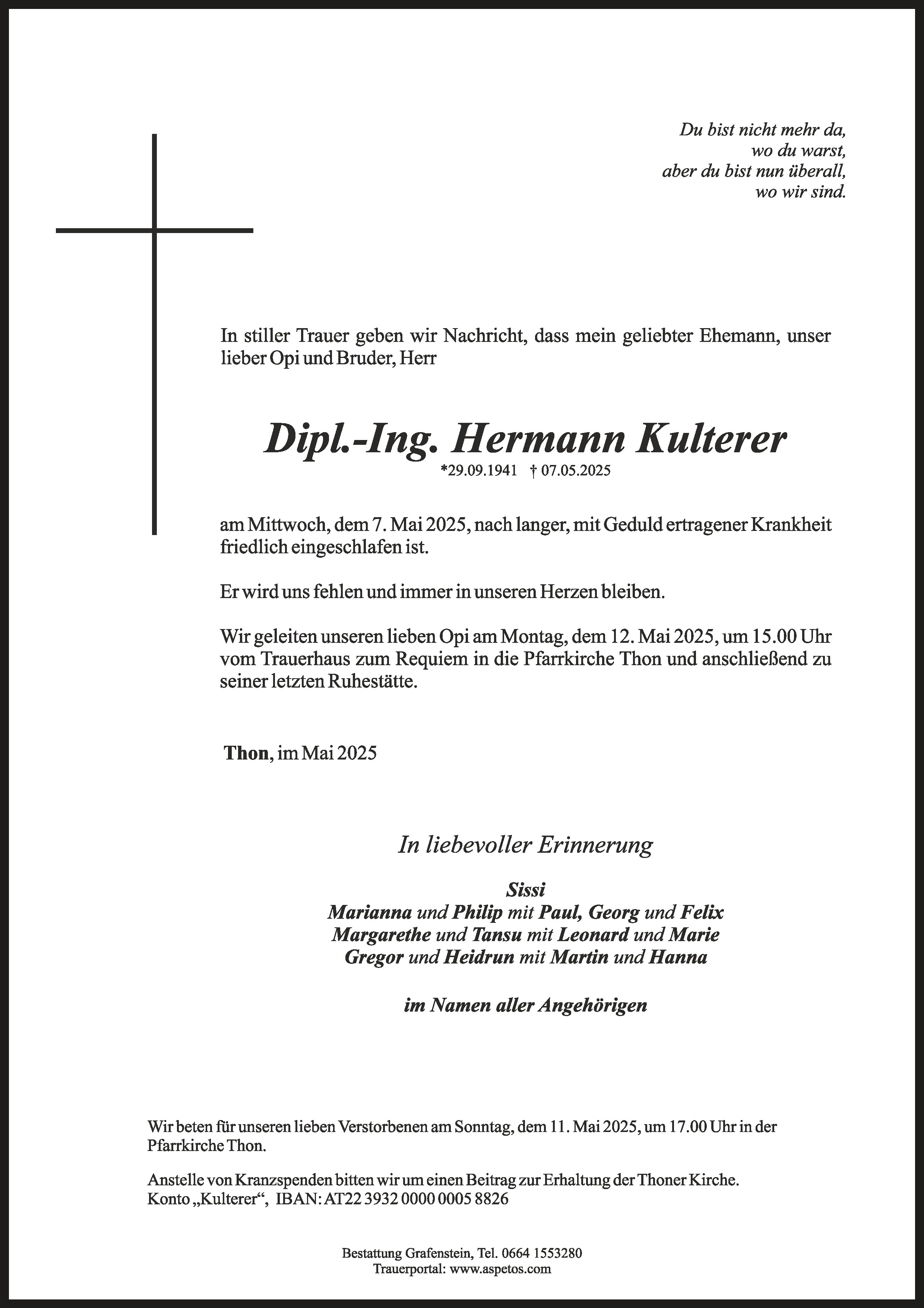 Traueranzeige von Dipl.-Ing. Hermann Kulterer
