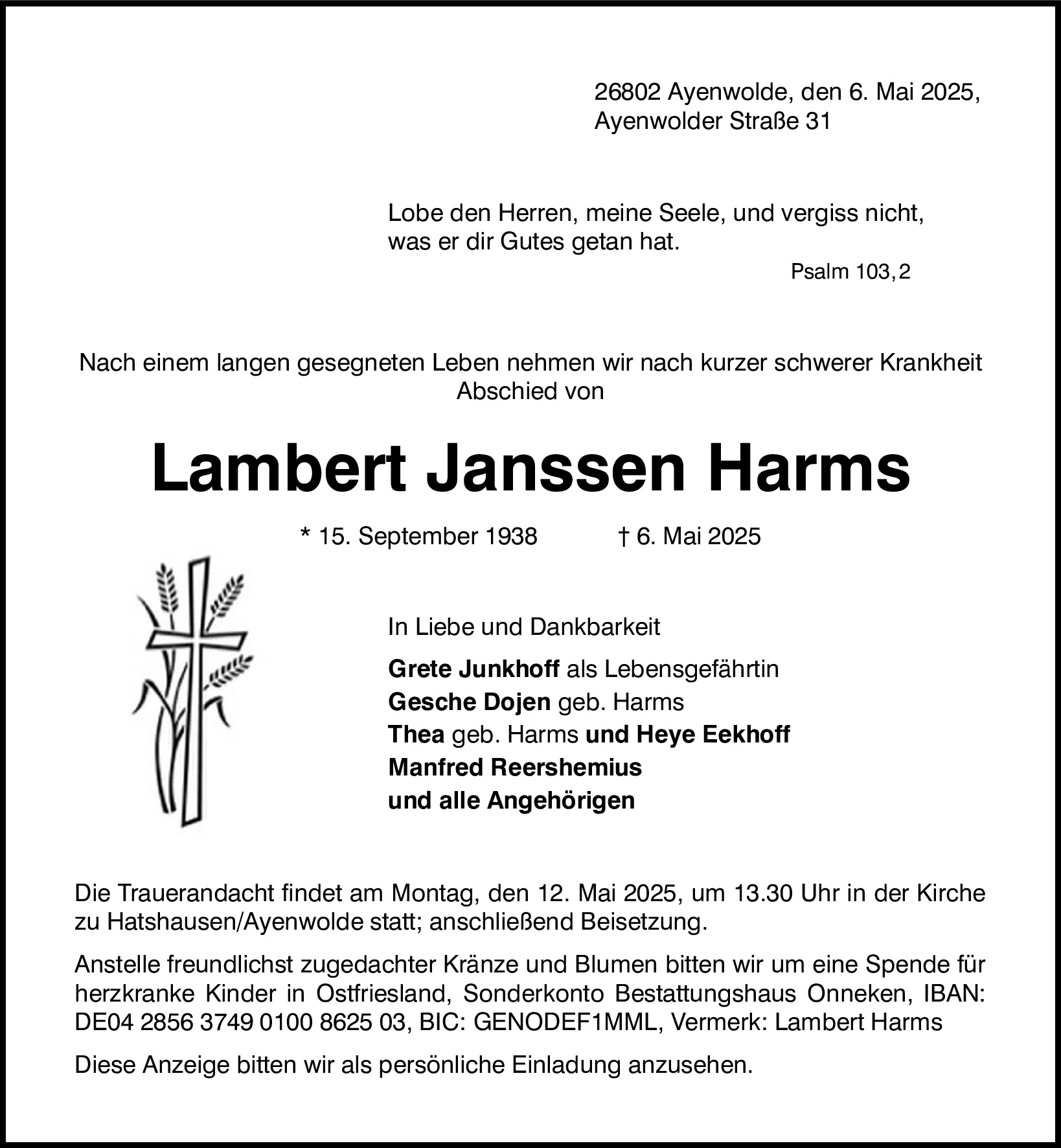 Traueranzeige von Lambert Harms
