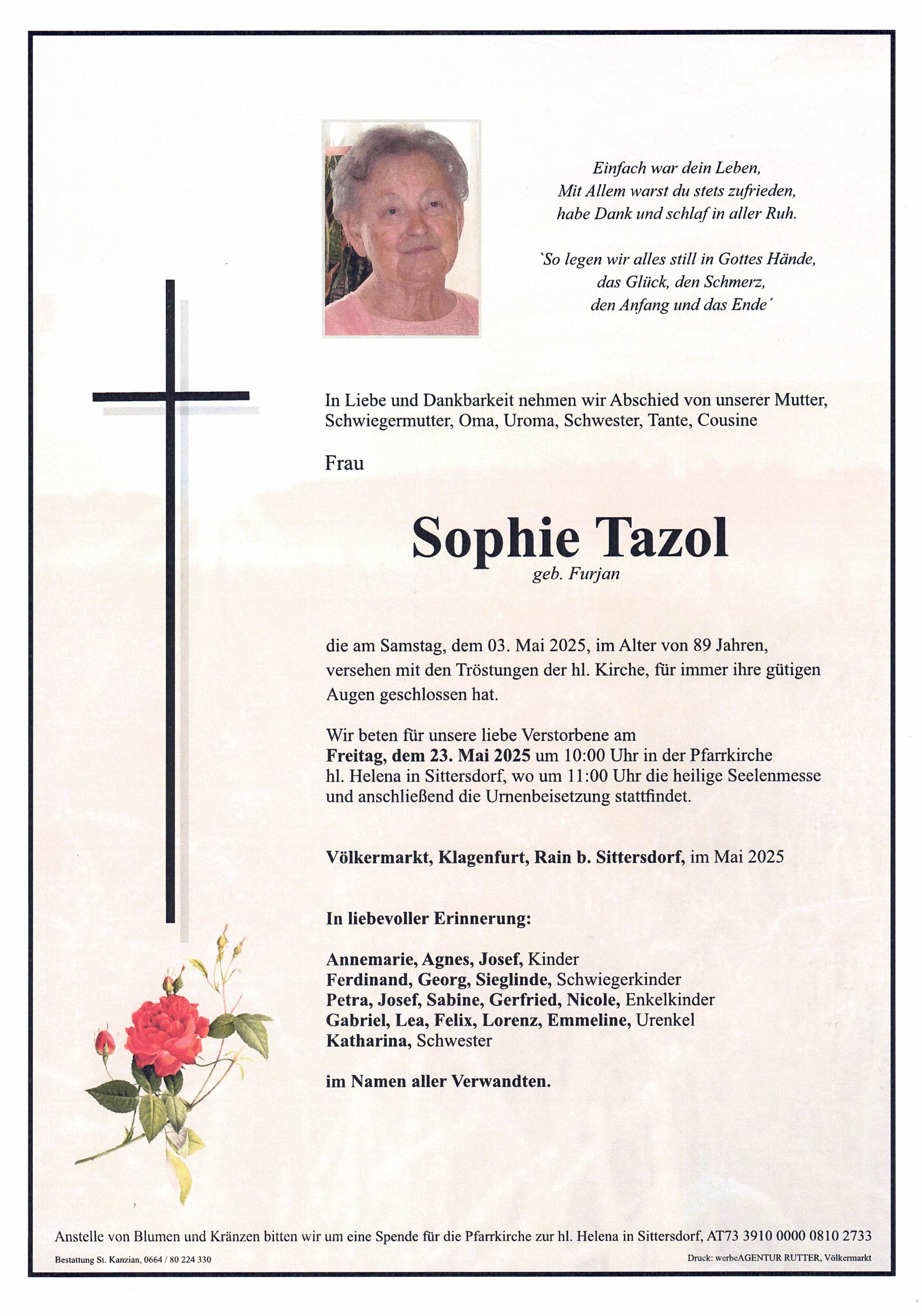 Traueranzeige von Sophie Tazol