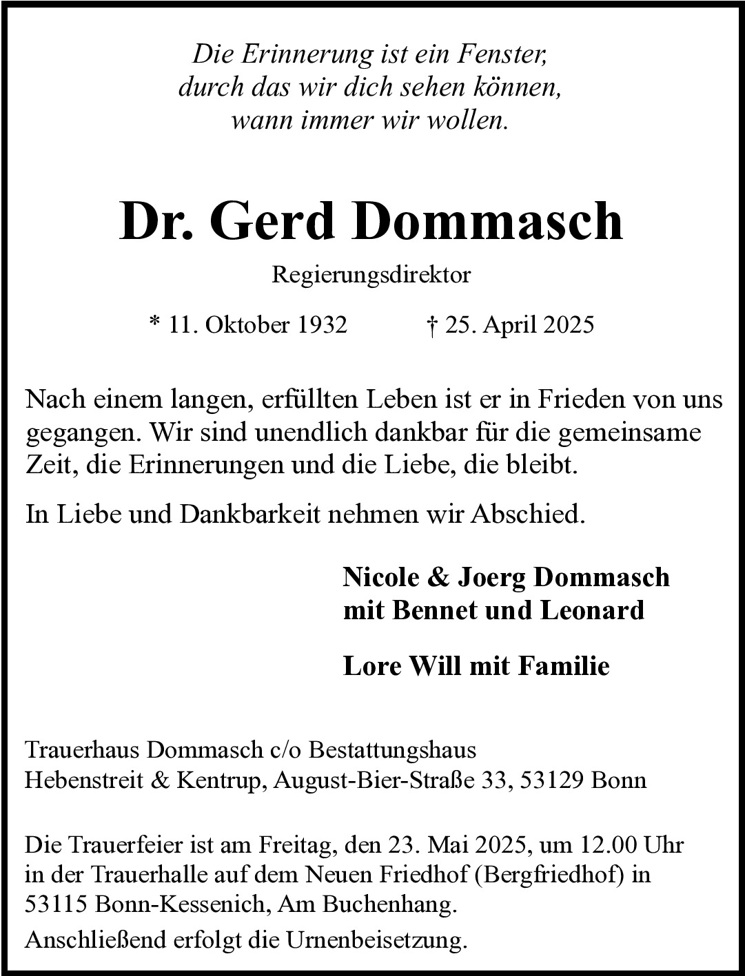 Traueranzeige von Dr. Gerd Dommasch