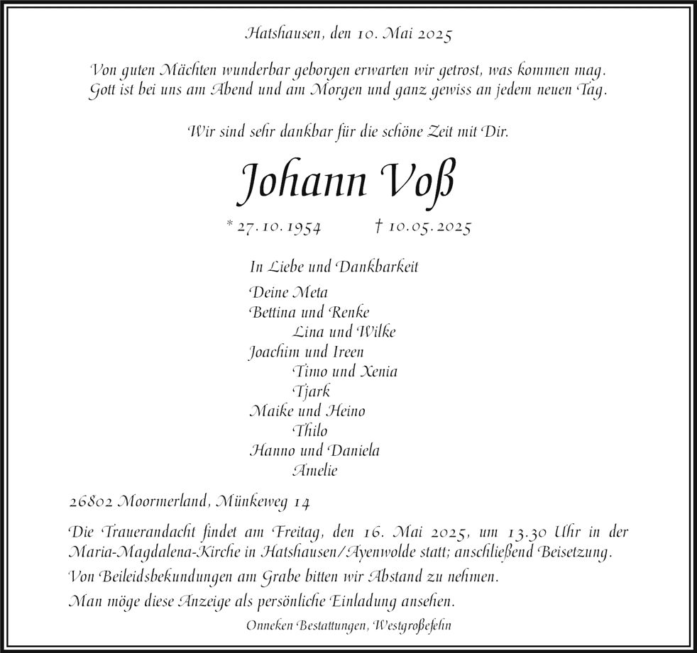 Traueranzeige von Johann Voß
