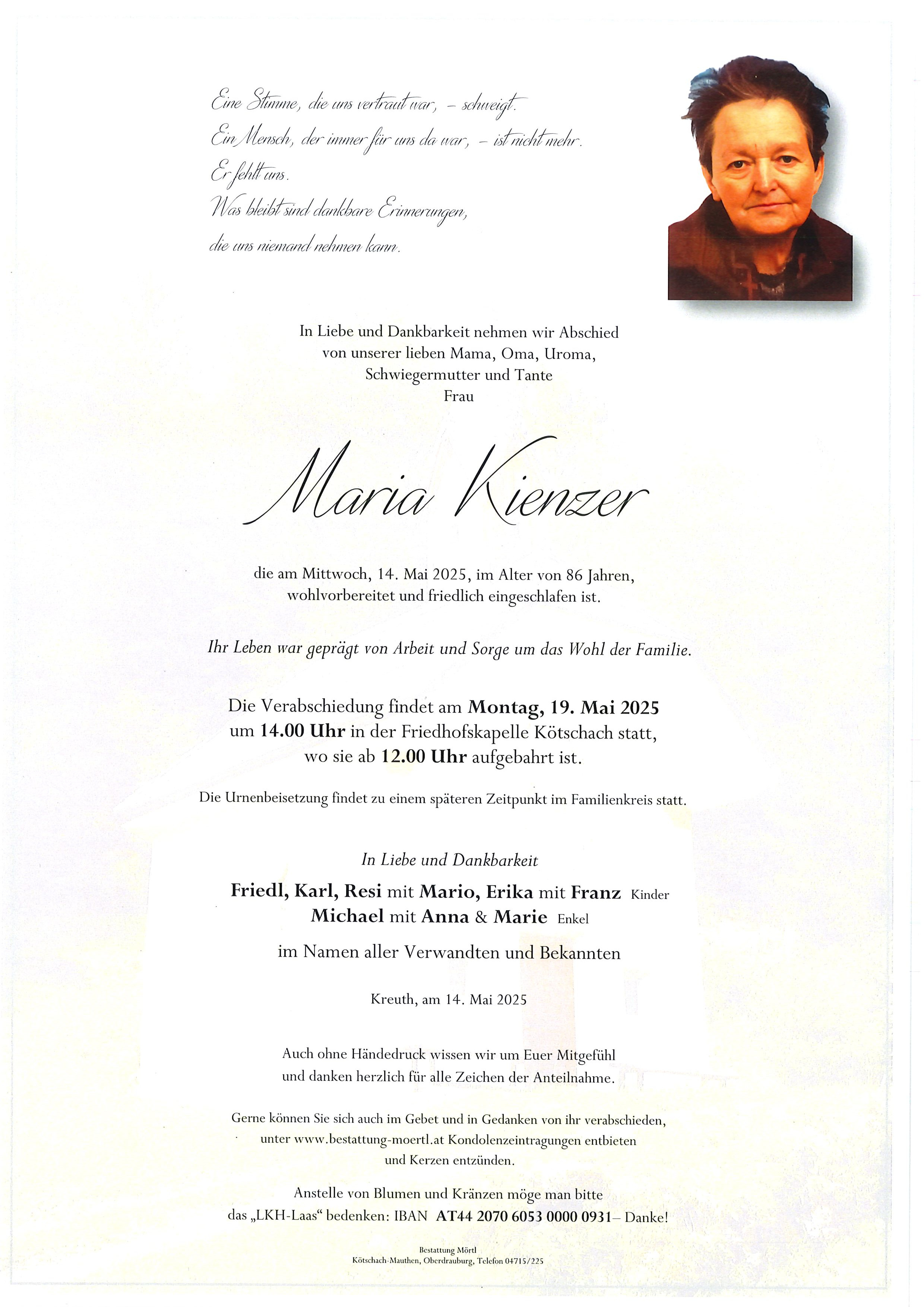 Traueranzeige von Maria Kienzer