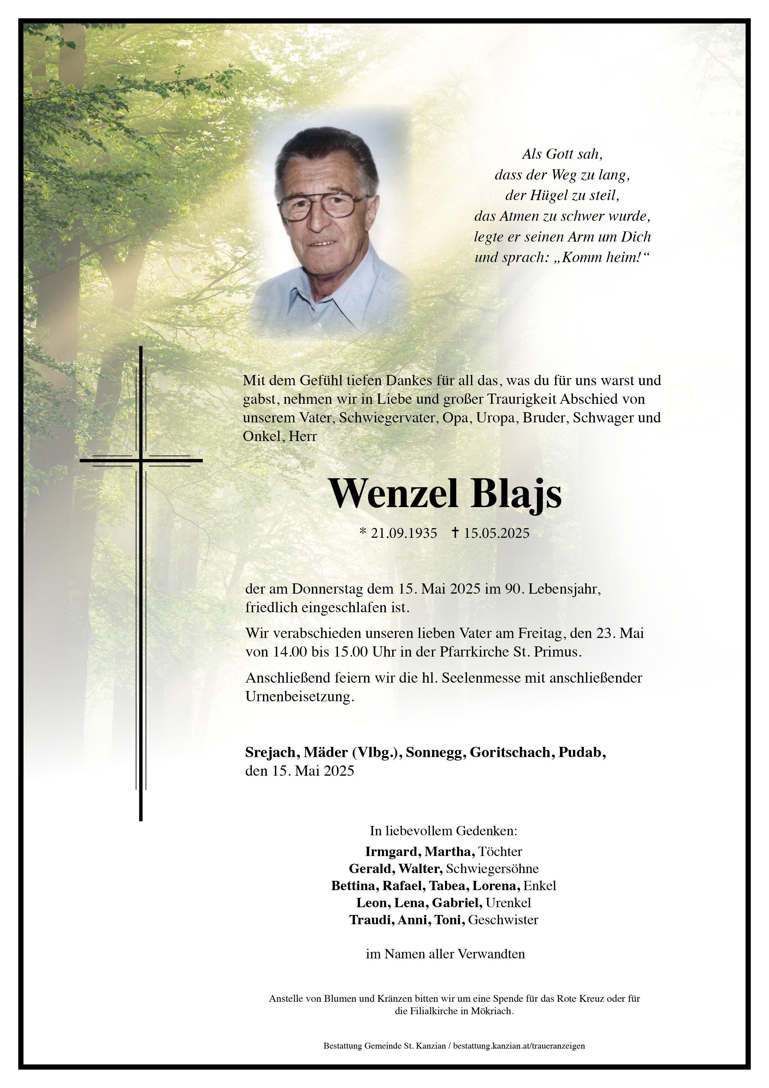 Traueranzeige von Wenzel Blajs