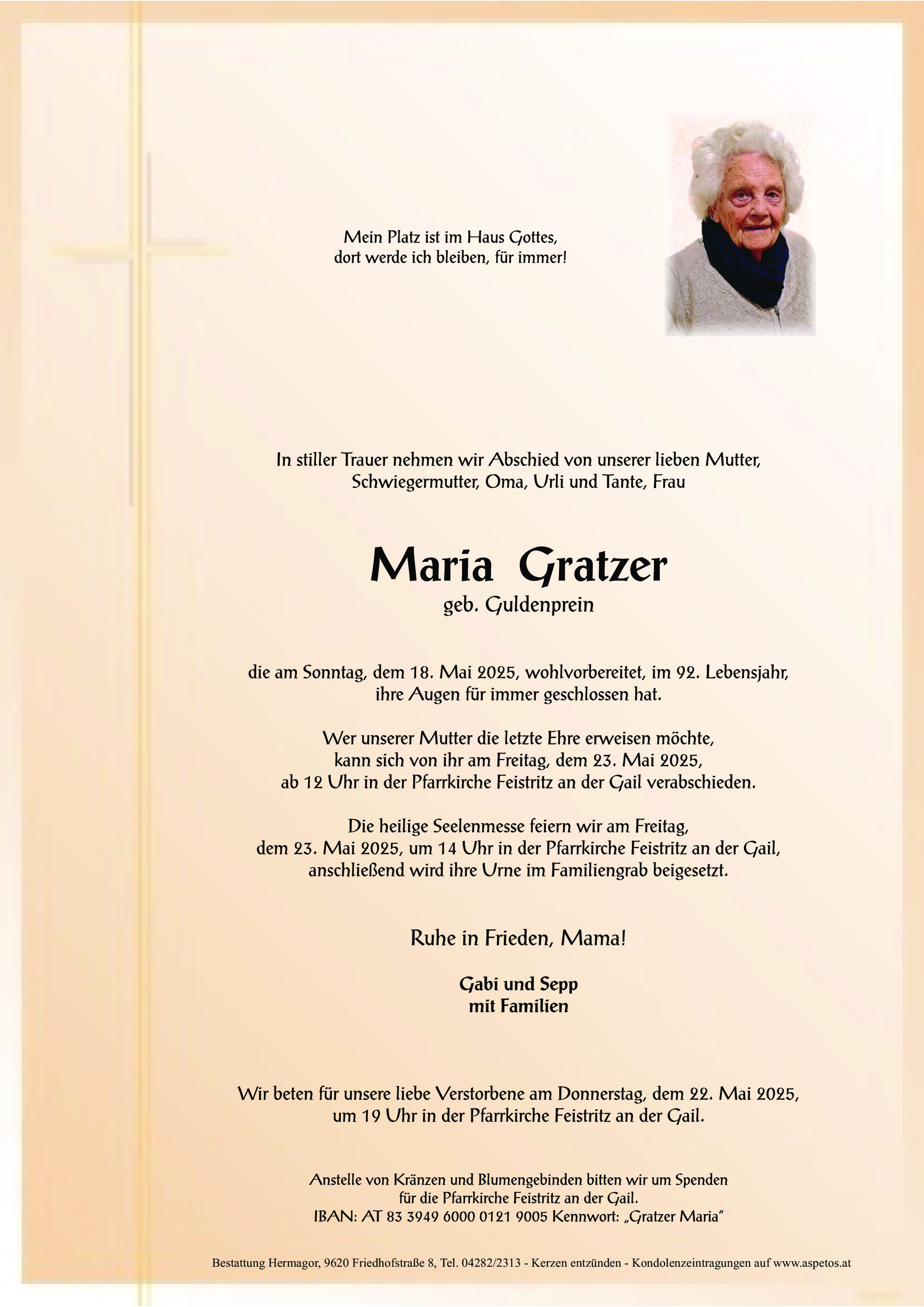 Traueranzeige von Maria Gratzer