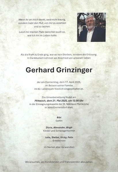 Traueranzeige von Gerhard Grinzinger