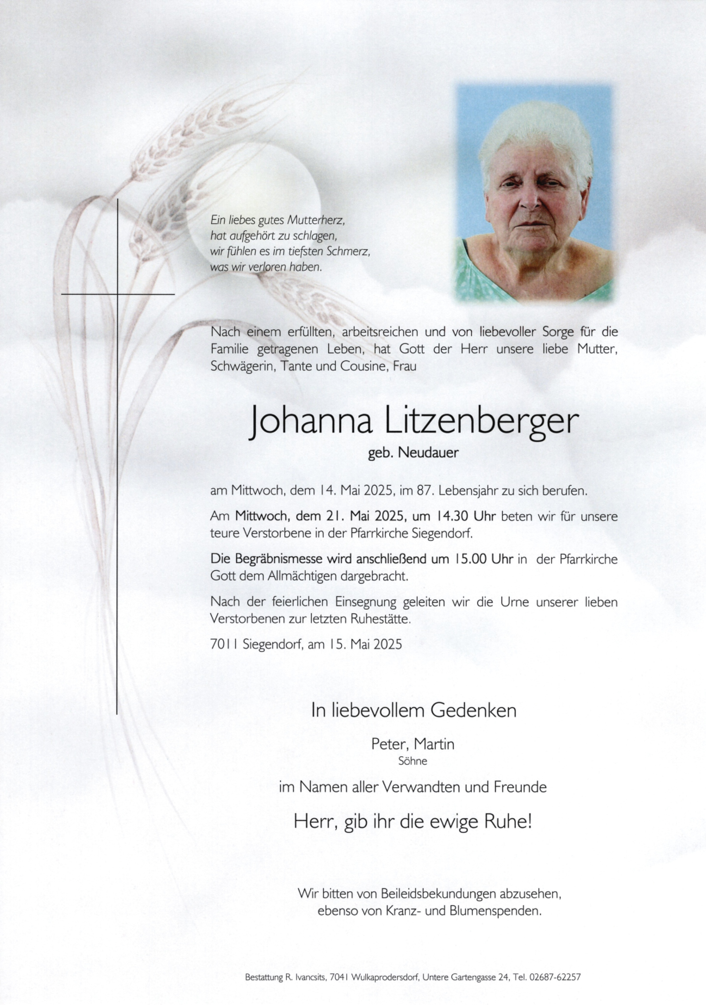 Traueranzeige von Johanna Litzenberger