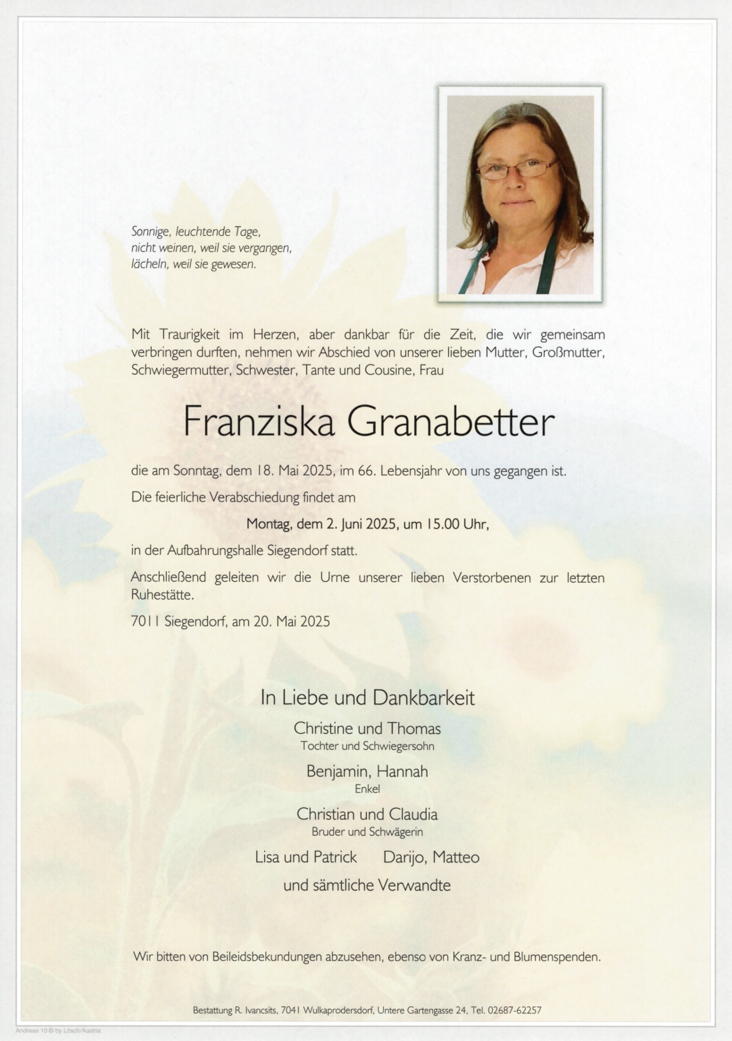 Traueranzeige von Franziska Granabetter