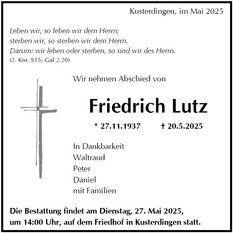 Traueranzeige von Friedrich Lutz