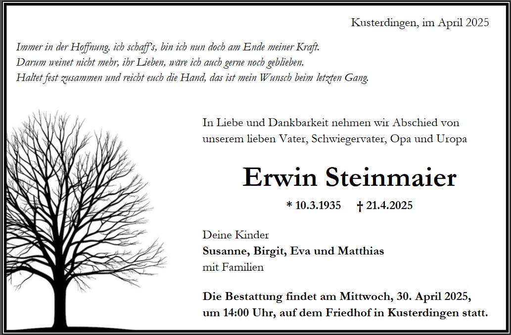 Traueranzeige von Erwin Steinmaier