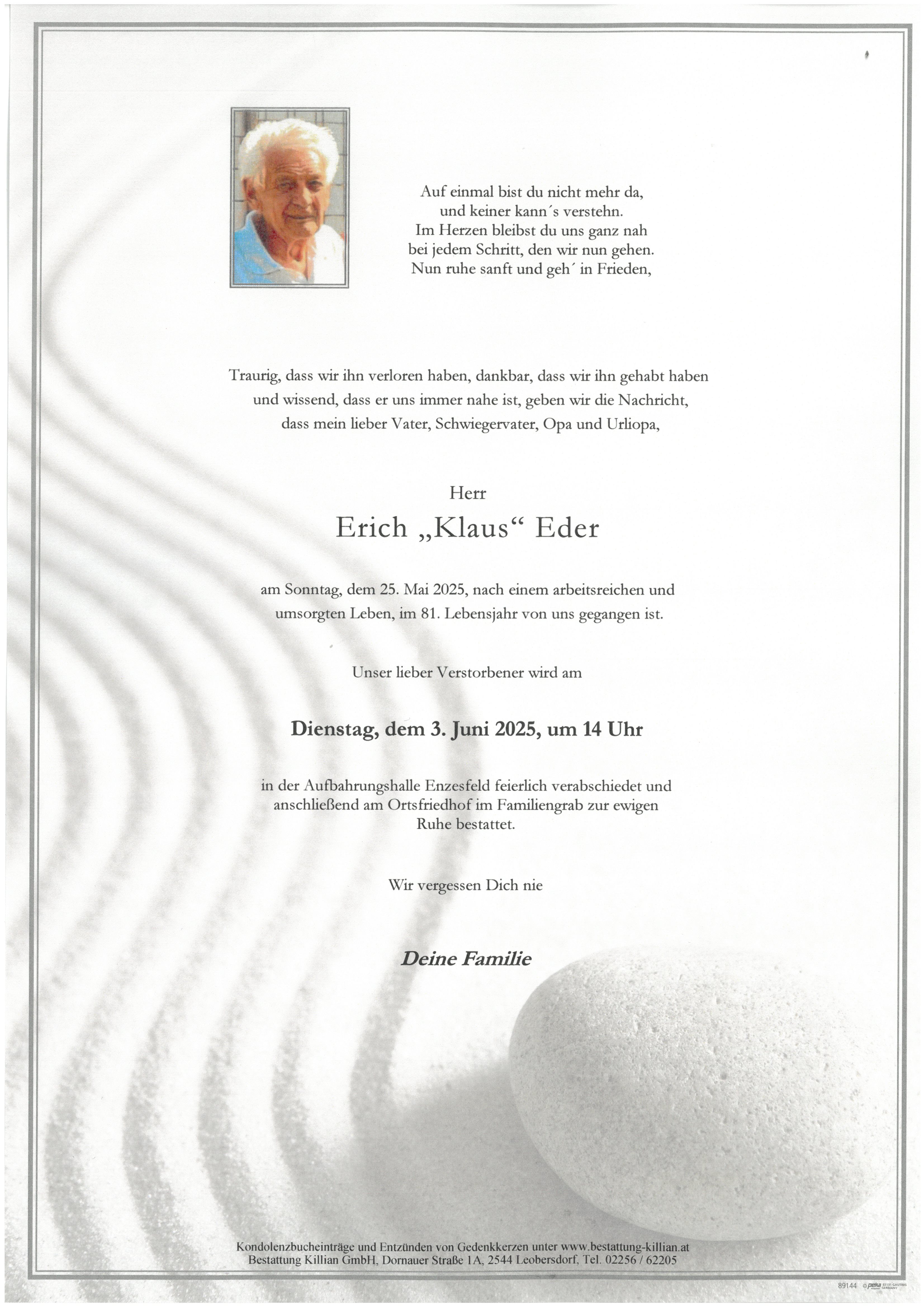 Traueranzeige von Erich "Klaus" Eder