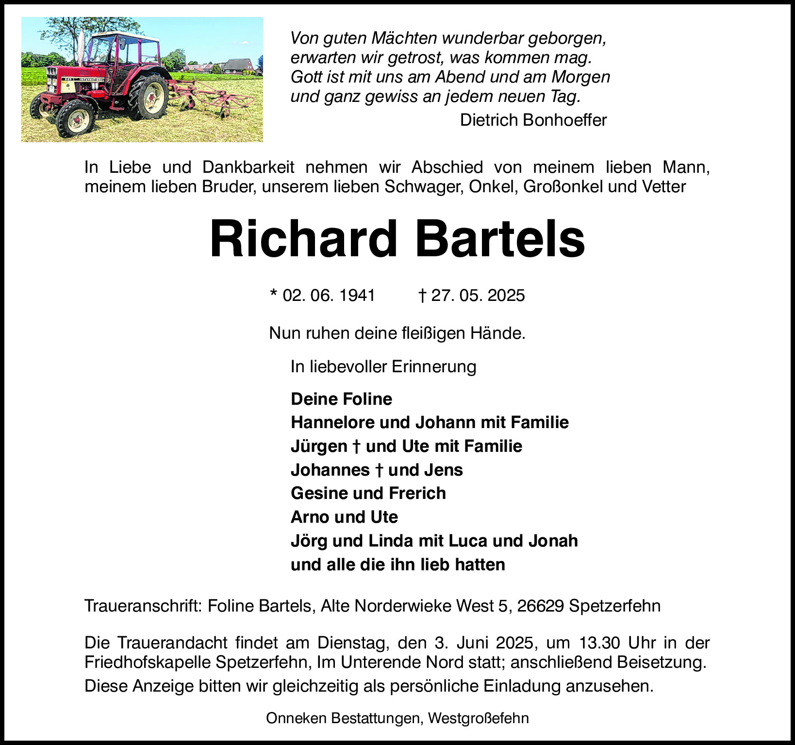 Traueranzeige von Richard Bartels