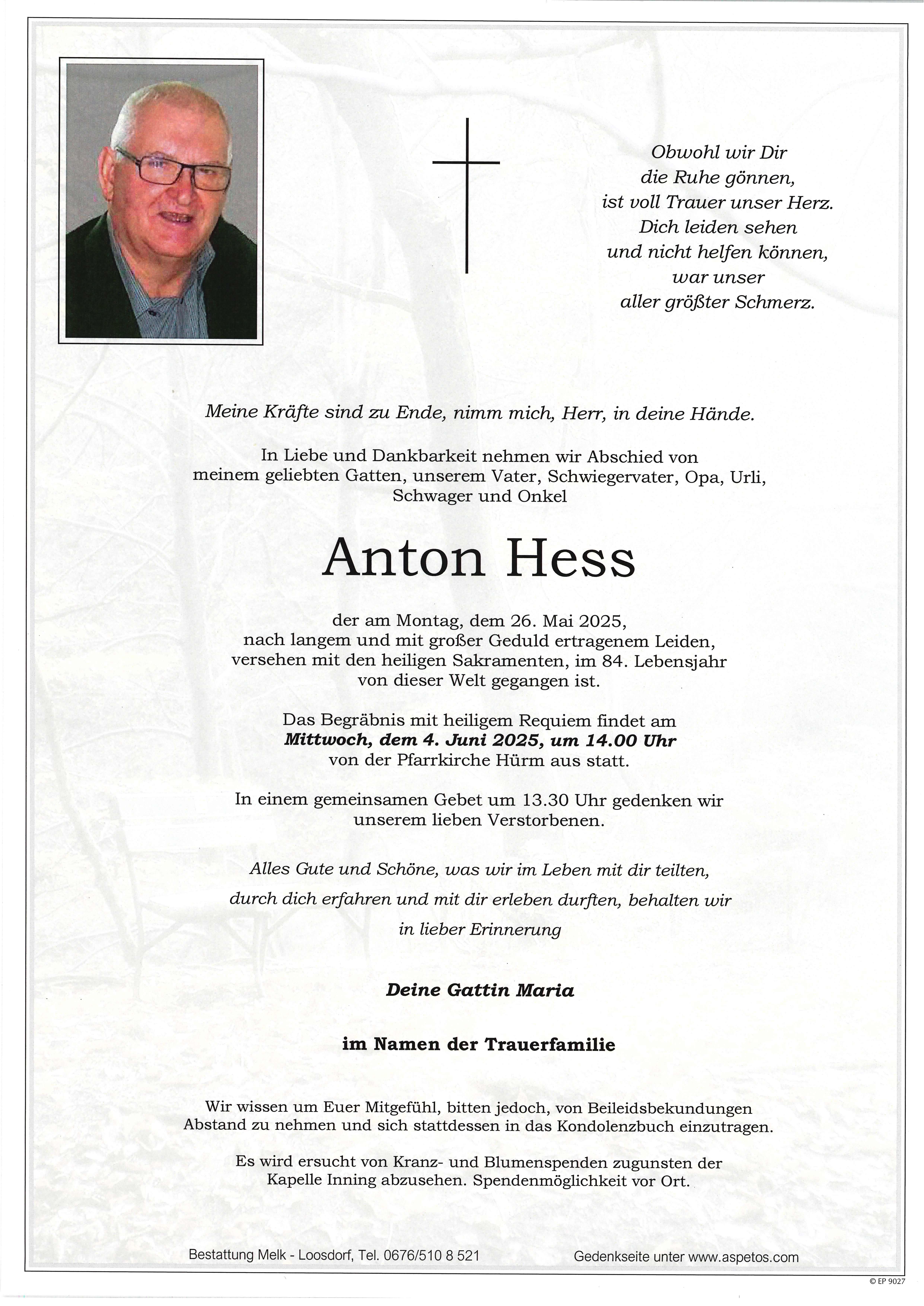 Traueranzeige von Anton Hess