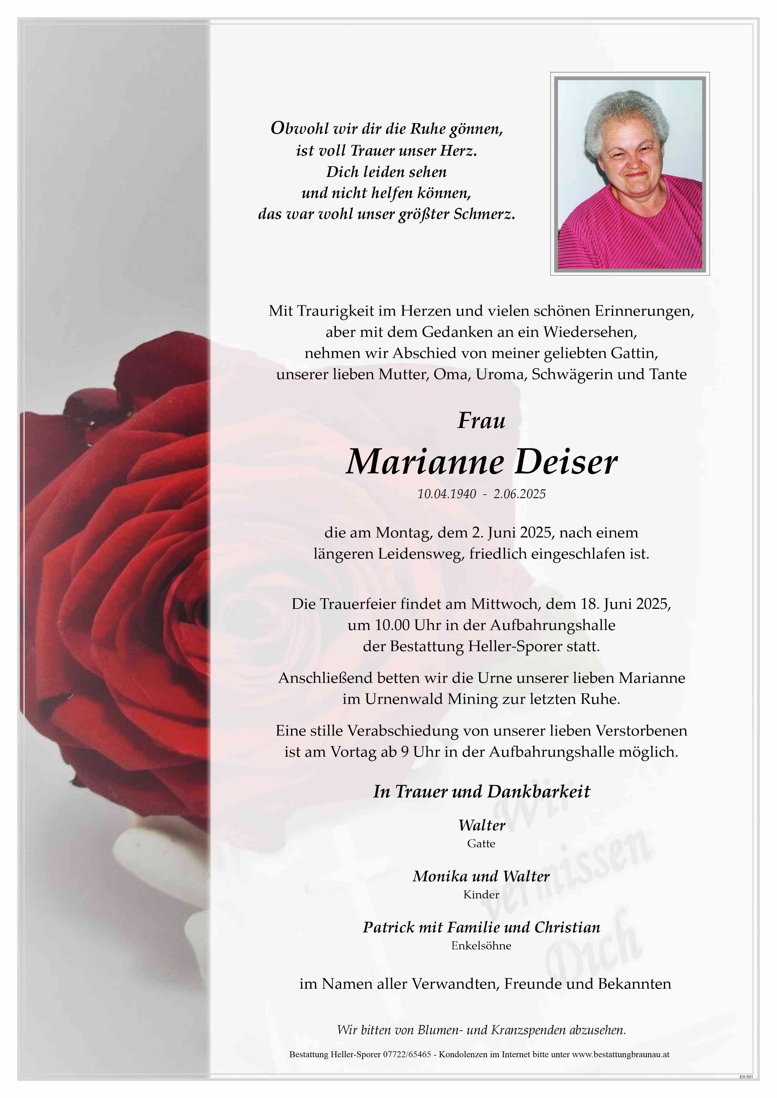 Traueranzeige von Marianne Deiser