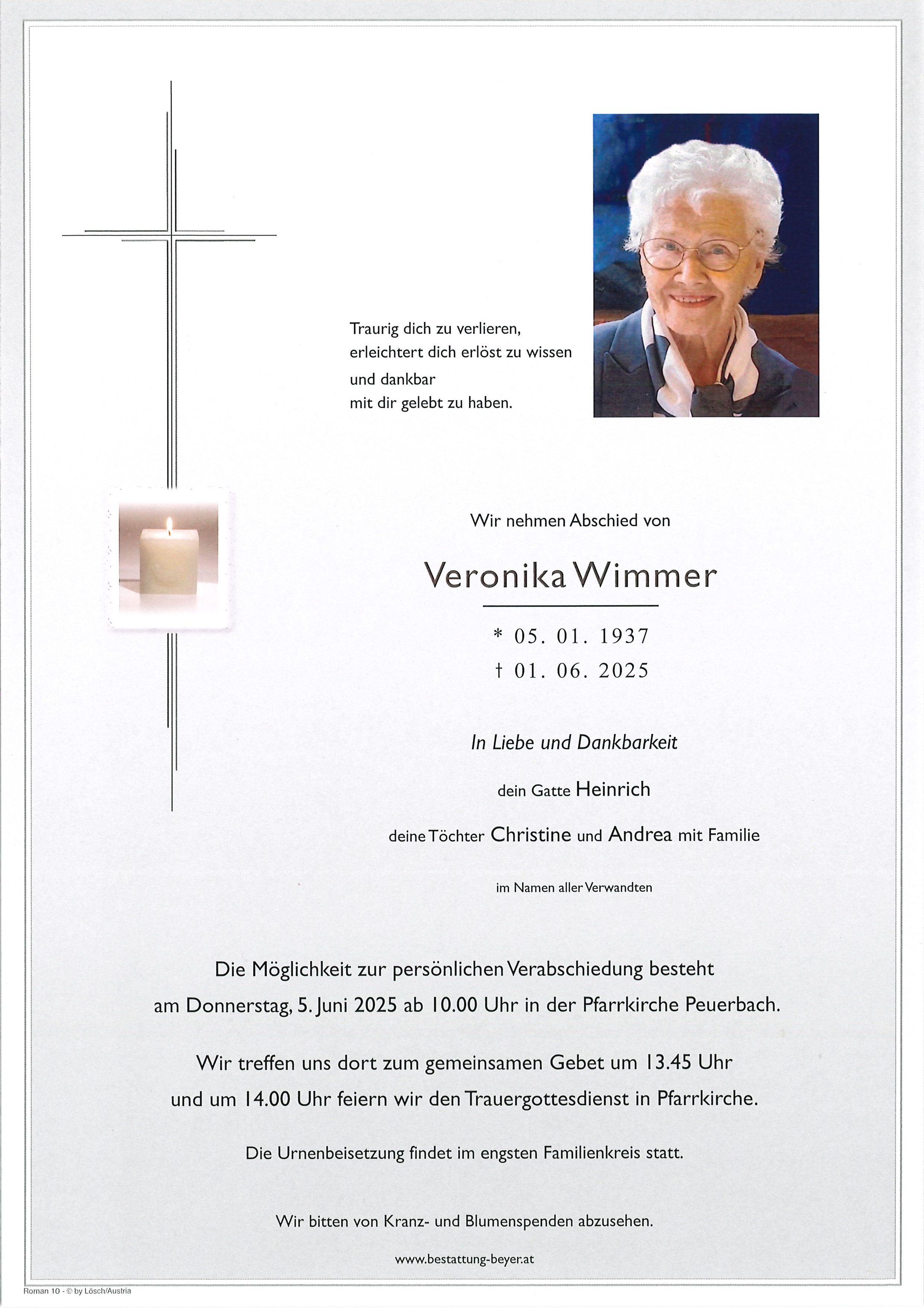 Traueranzeige von Veronika Wimmer