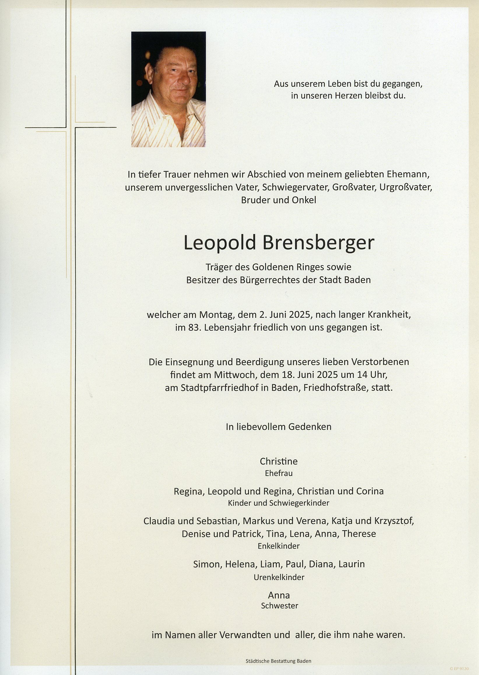 Traueranzeige von Leopold Brensberger