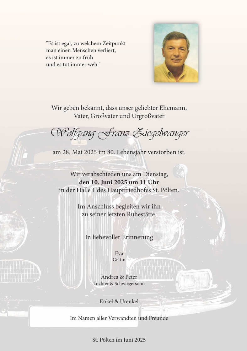 Traueranzeige von Wolfgang Franz Ziegelwanger