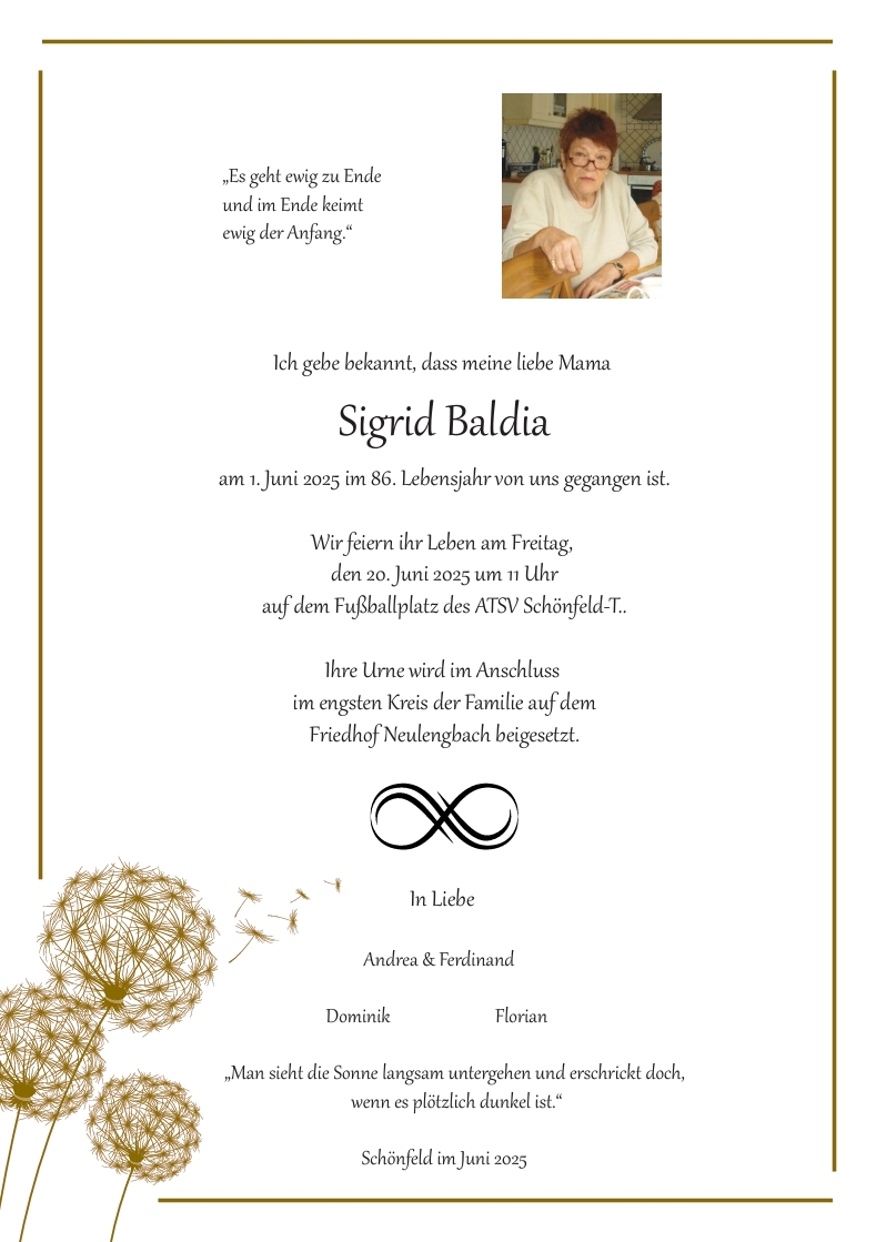 Traueranzeige von Sigrid Baldia