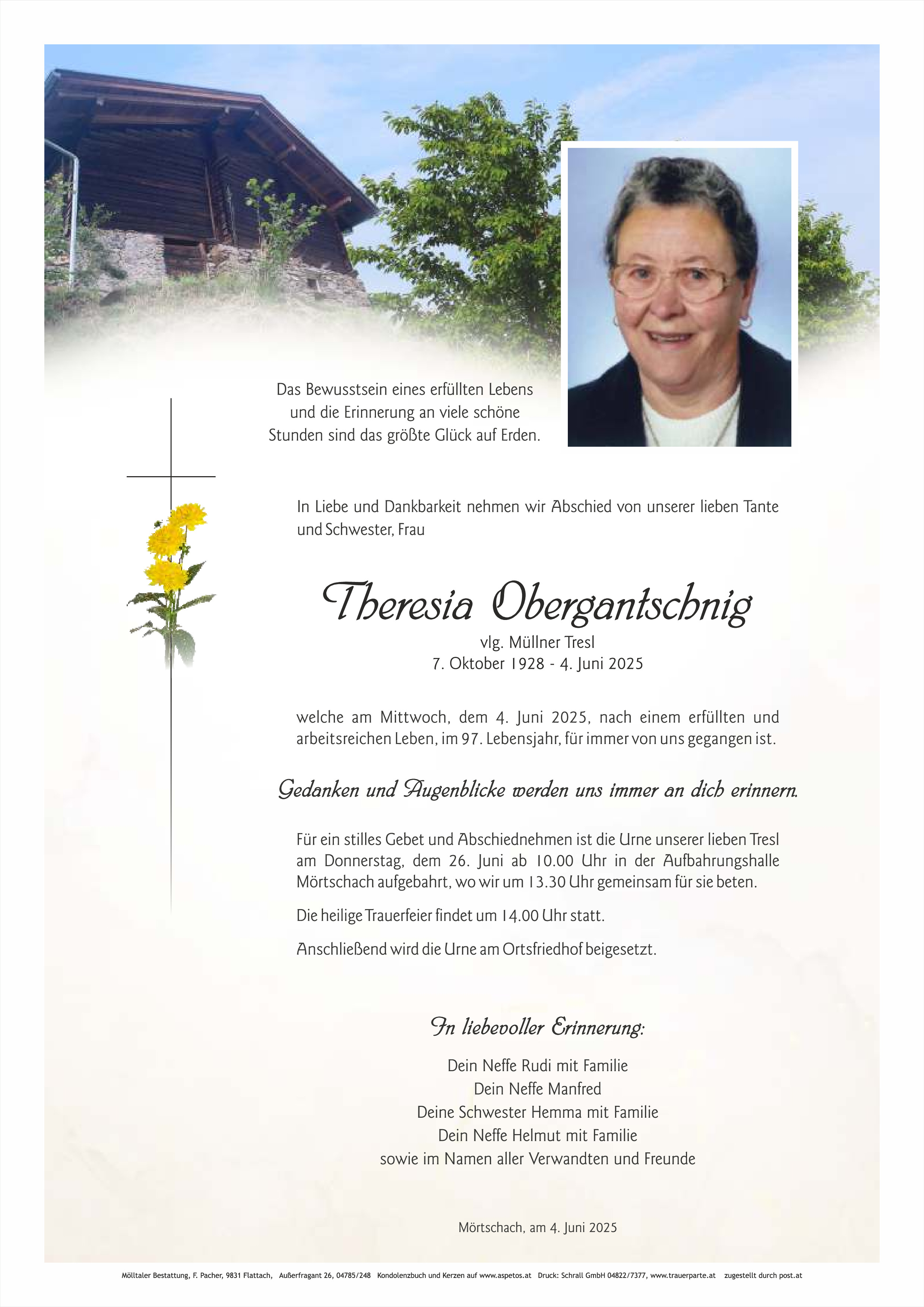 Traueranzeige von Theresia Obergantschnig