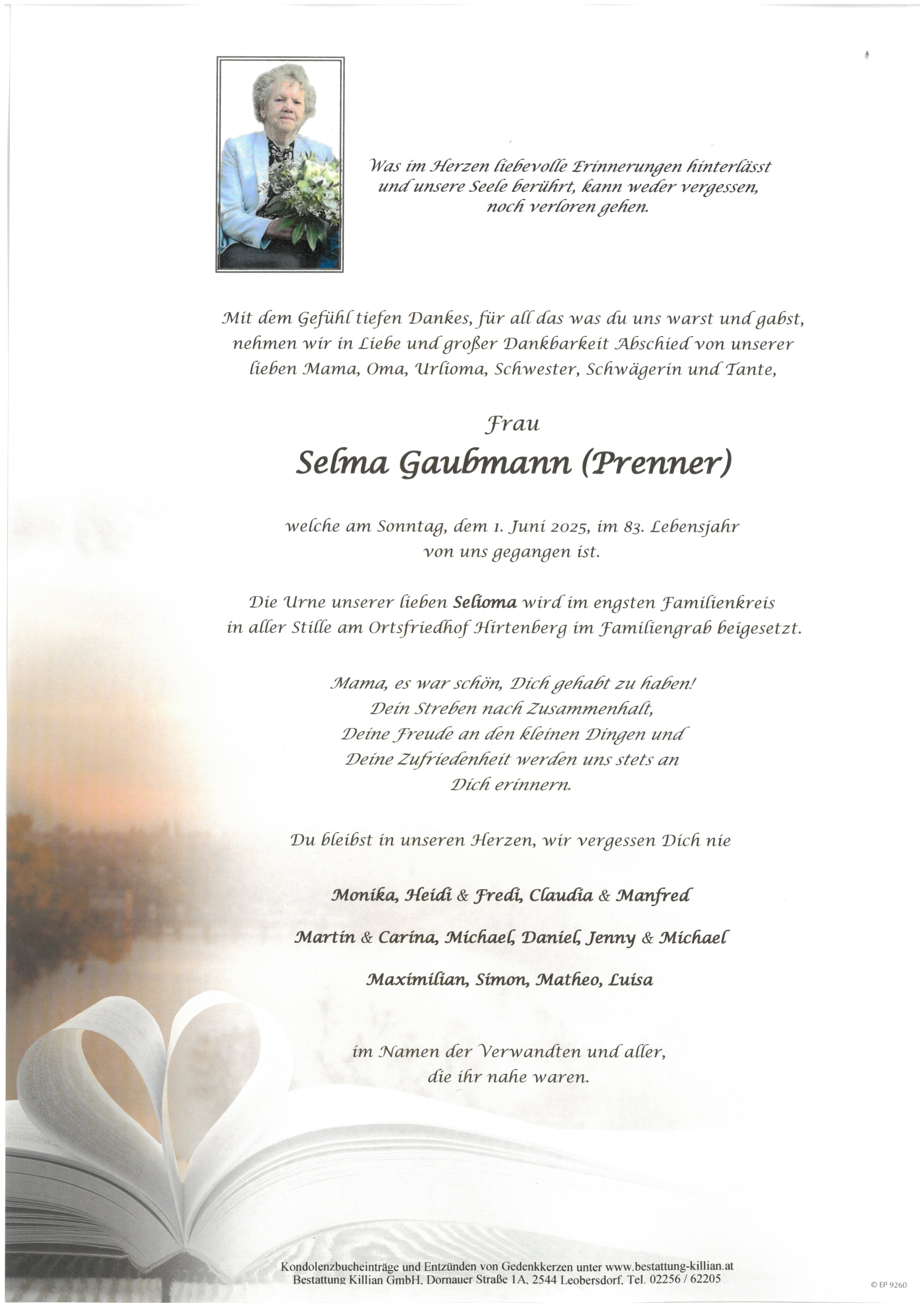 Traueranzeige von Selma Gaubmann (Prenner)