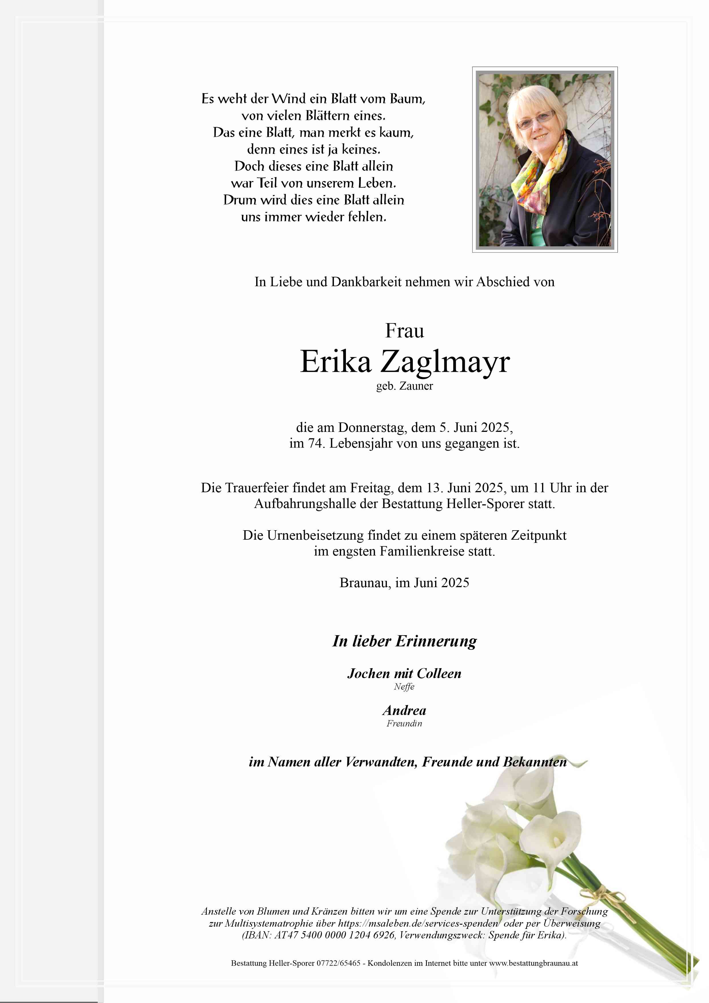 Traueranzeige von Erika Zaglmayr