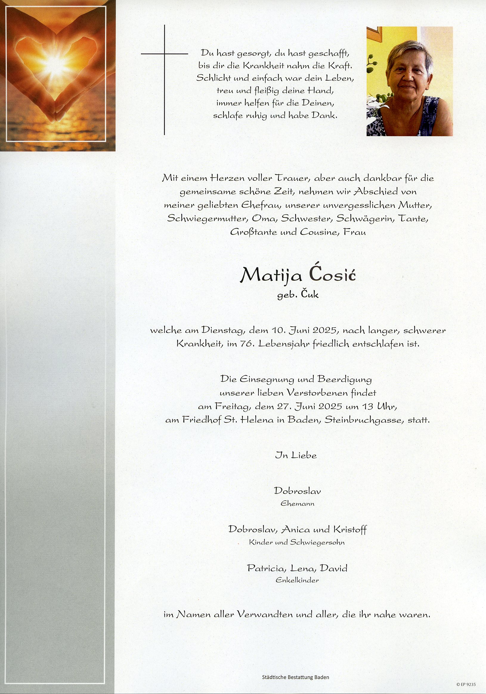 Traueranzeige von Matija Cosic