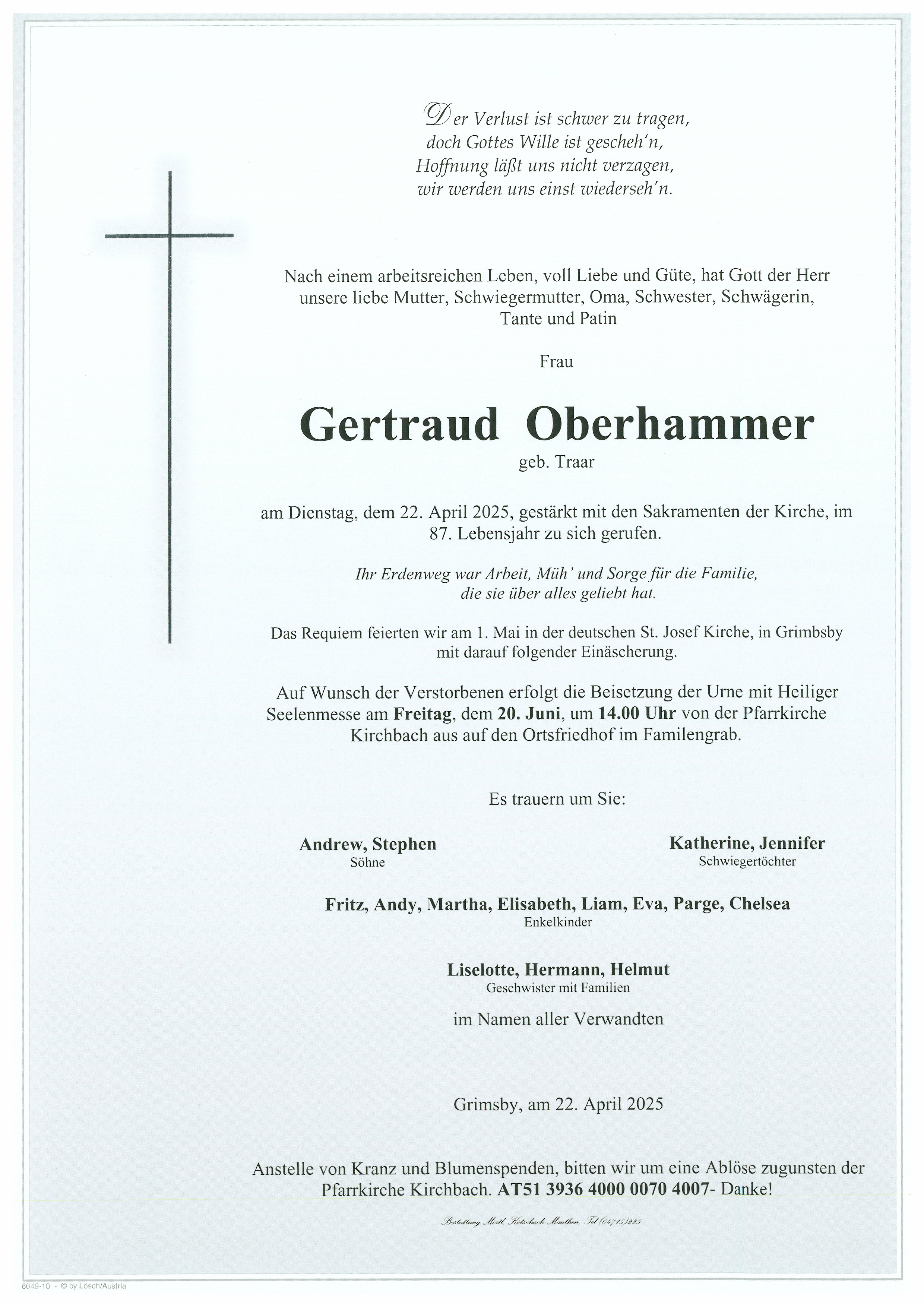 Traueranzeige von Gertraud Oberhammer