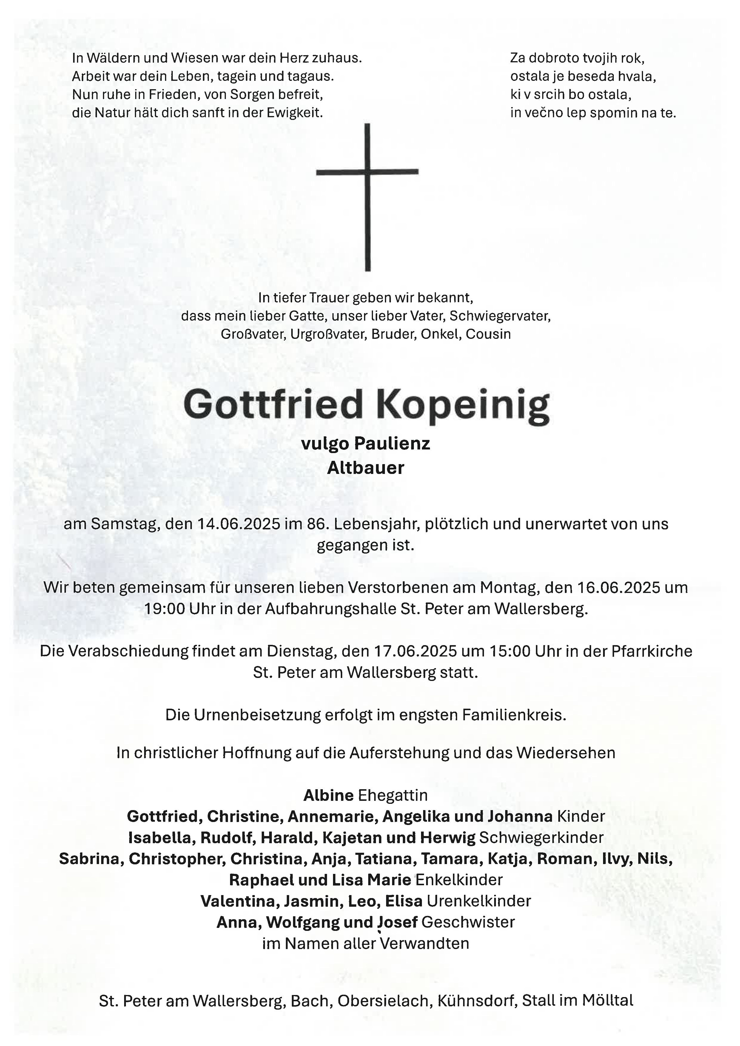 Traueranzeige von Gottfried Kopeinig