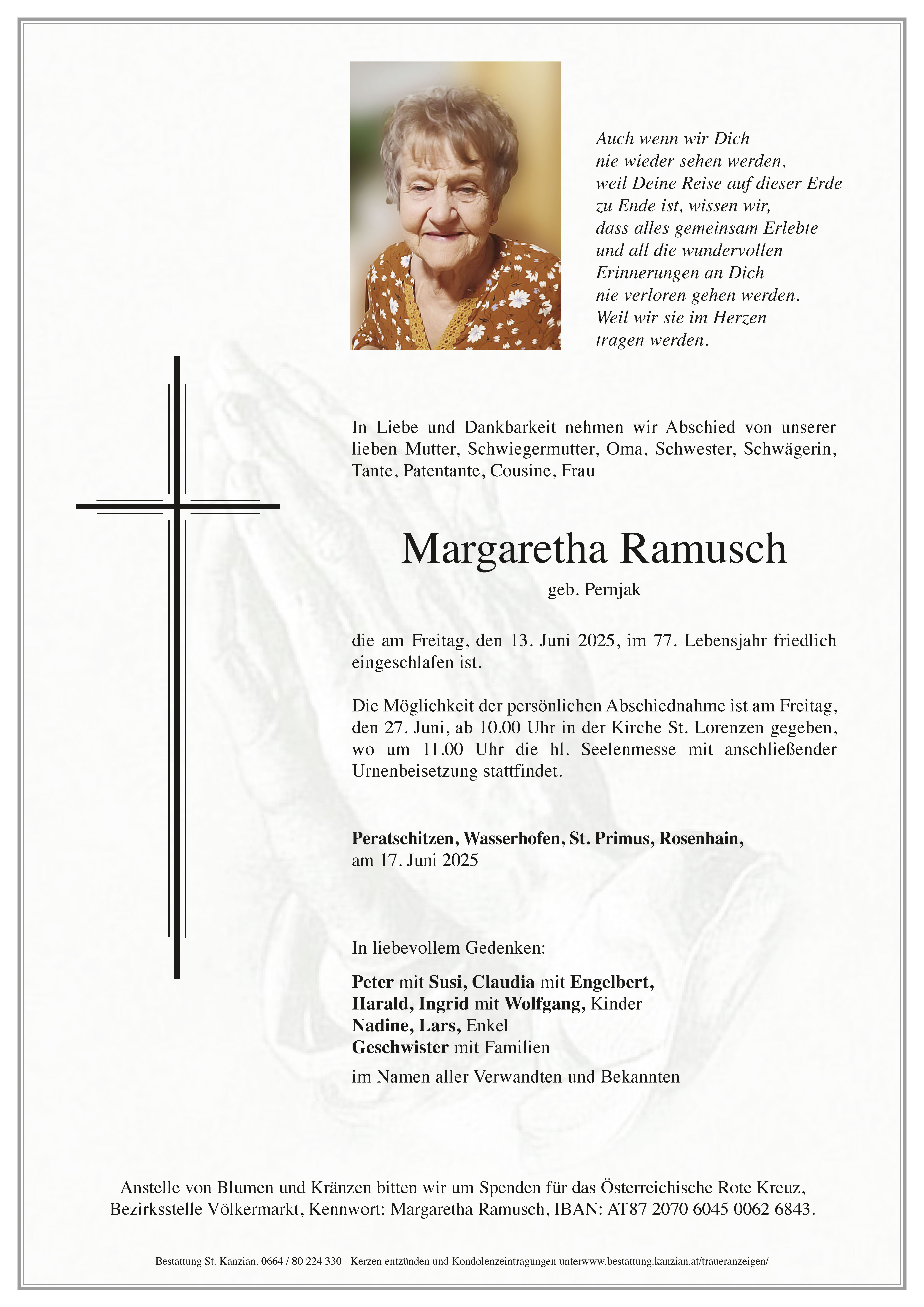 Traueranzeige von Margaretha Ramusch