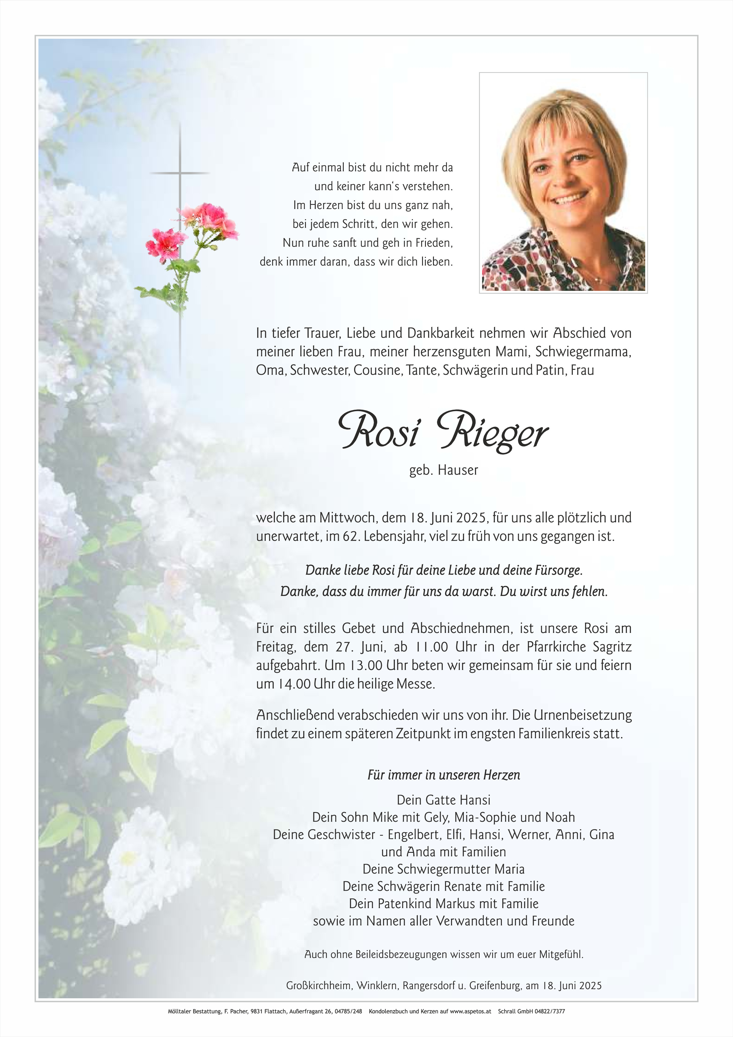 Traueranzeige von Rosi Rieger