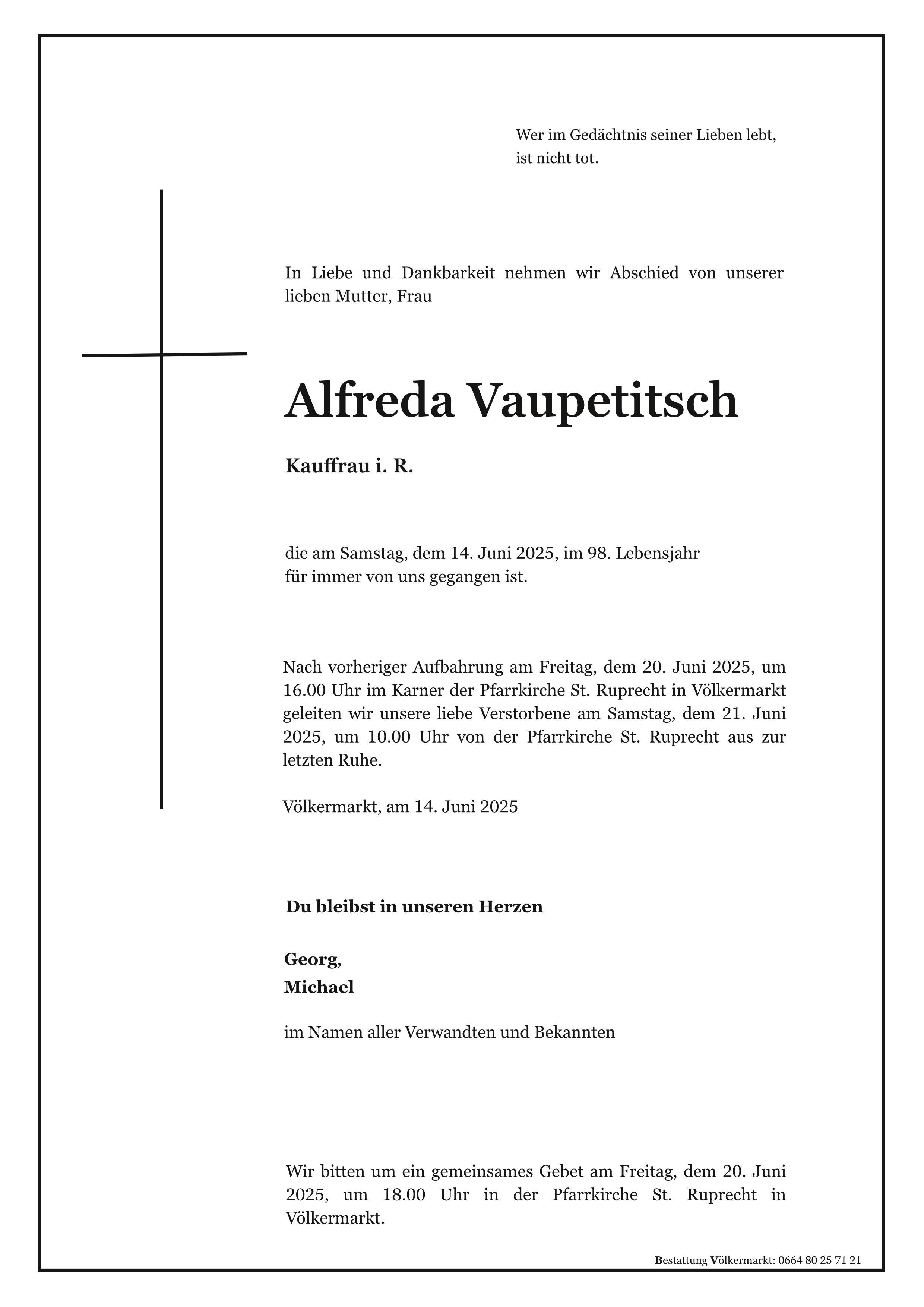 Traueranzeige von Alfreda Karoline Vaupetitsch