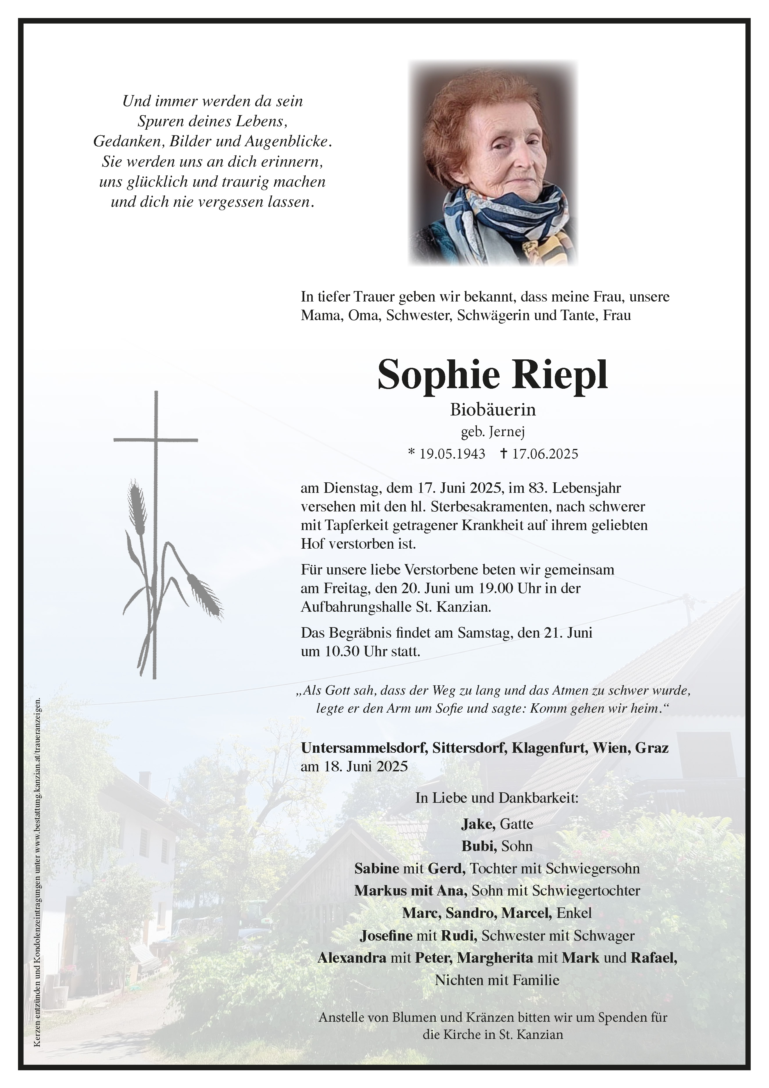 Traueranzeige von Sophie Riepl
