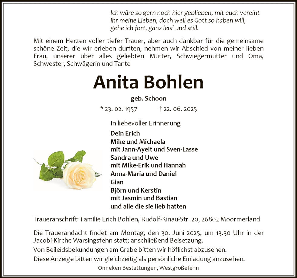 Traueranzeige von Anita Bohlen