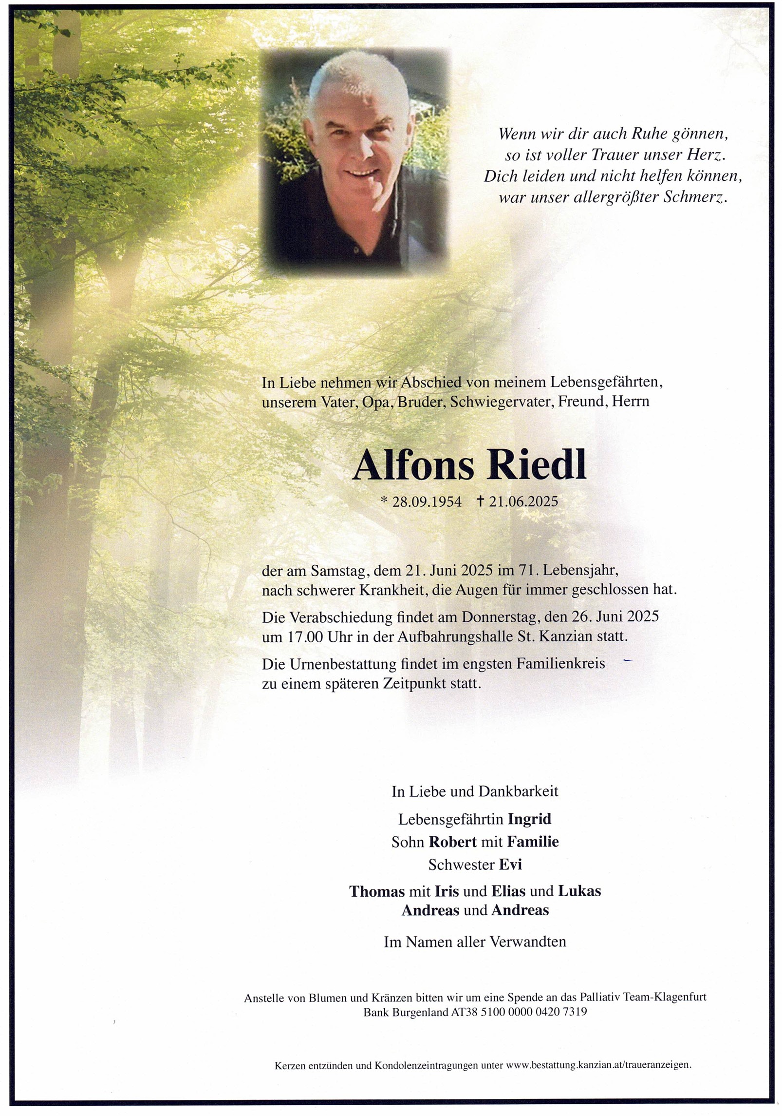 Traueranzeige von Alfons Riedl