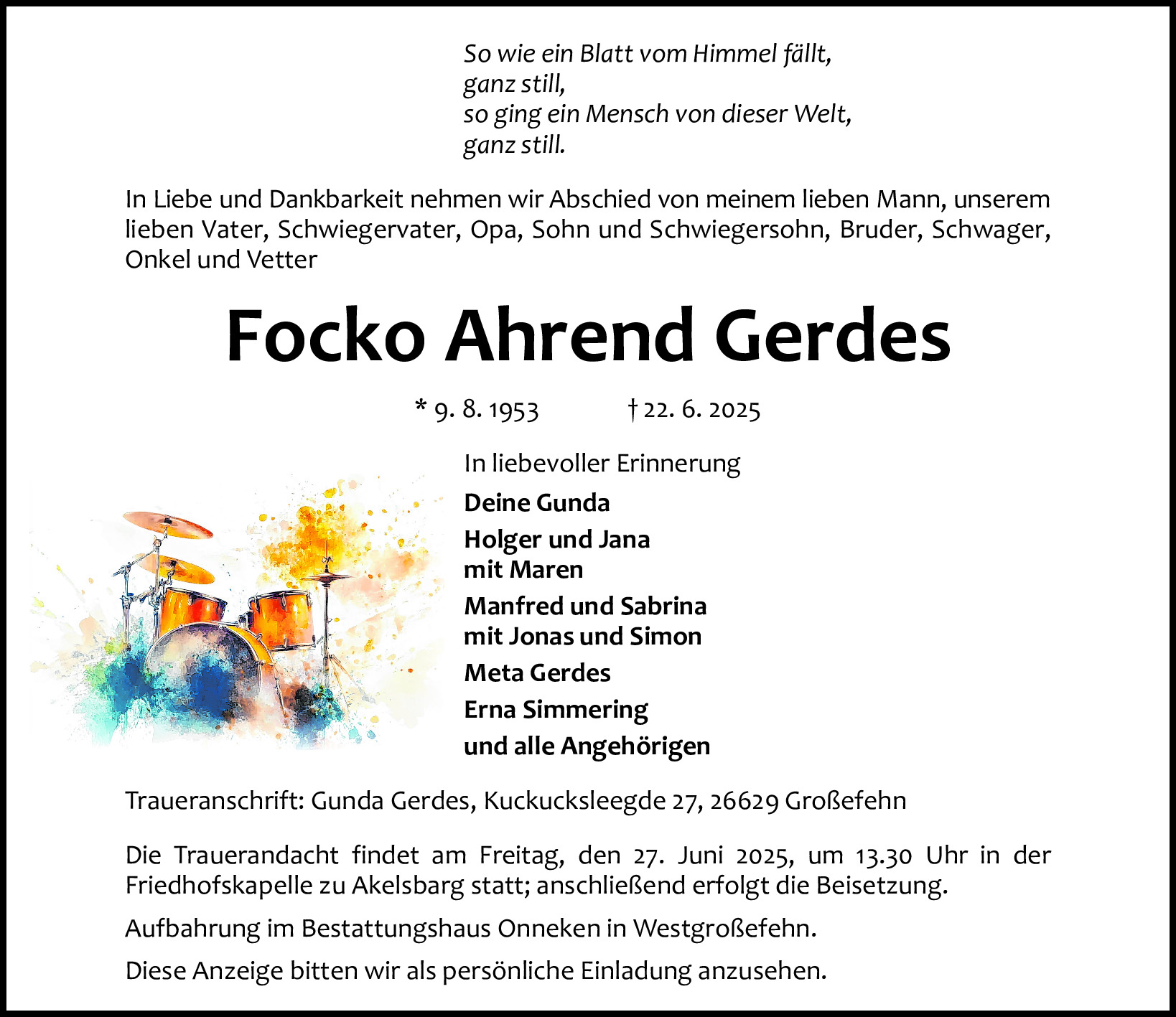 Traueranzeige von Focko Gerdes