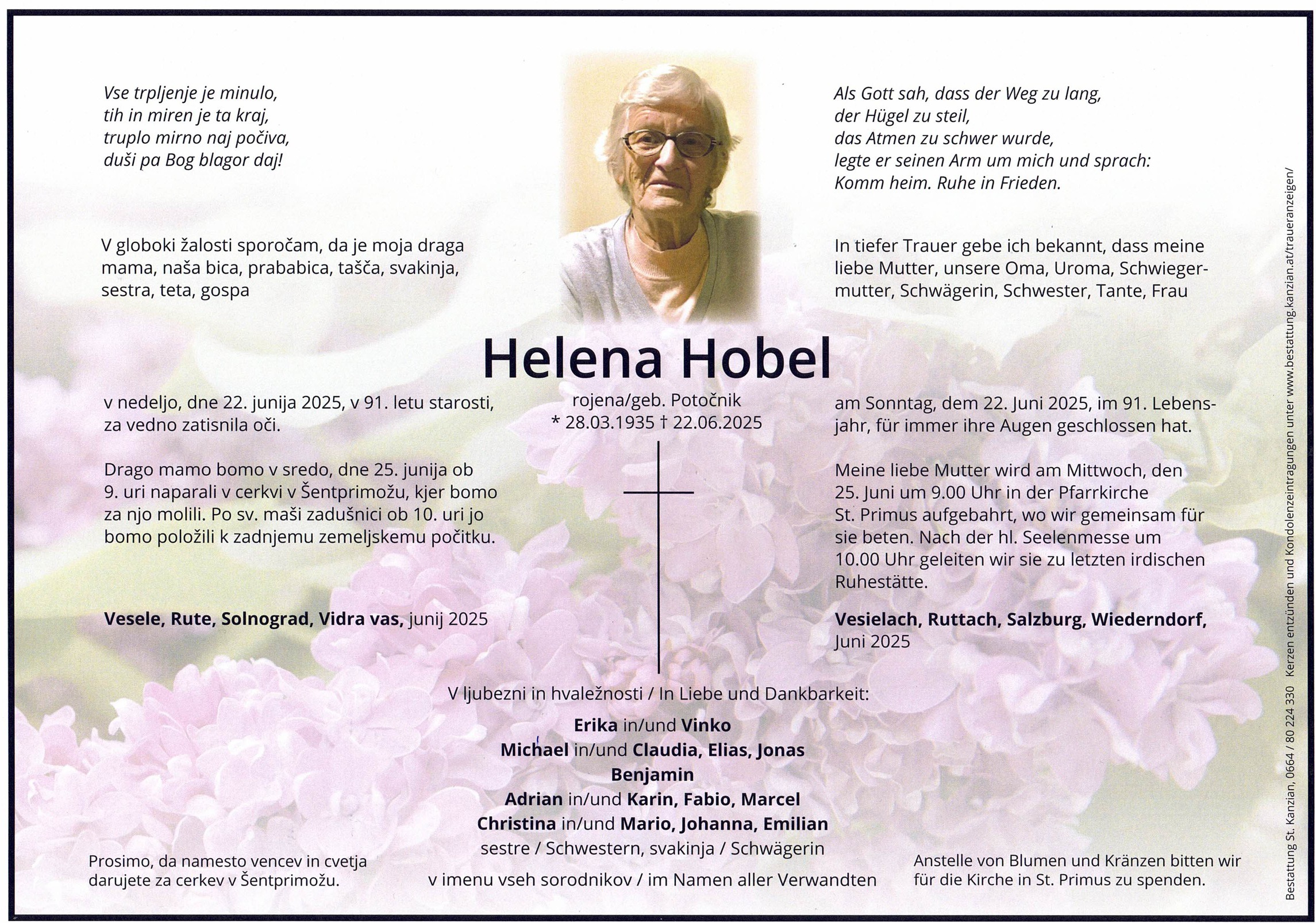Traueranzeige von Helena Hobel