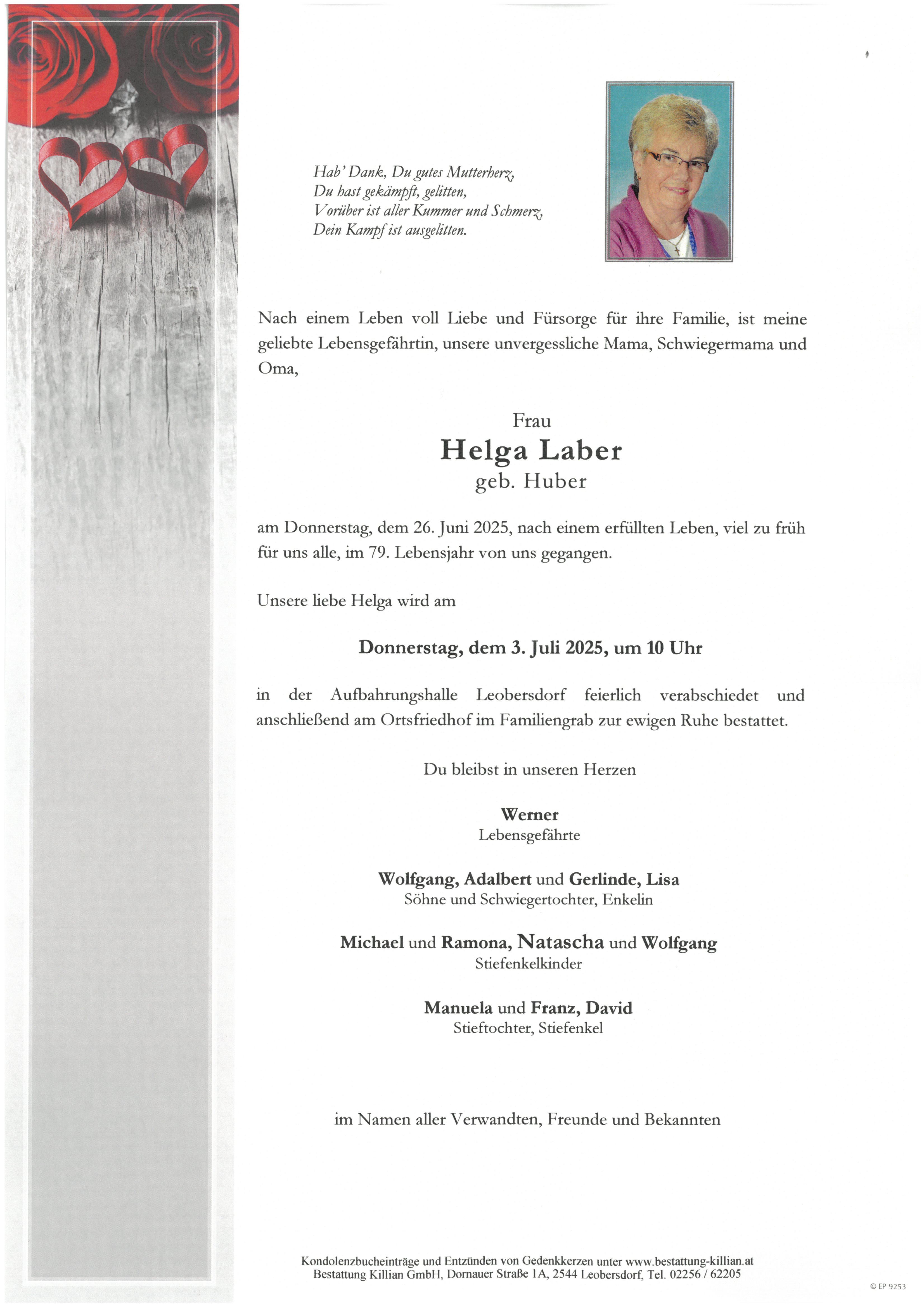 Traueranzeige von Helga Laber