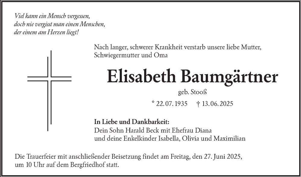 Traueranzeige von Elisabeth Baumgärtner