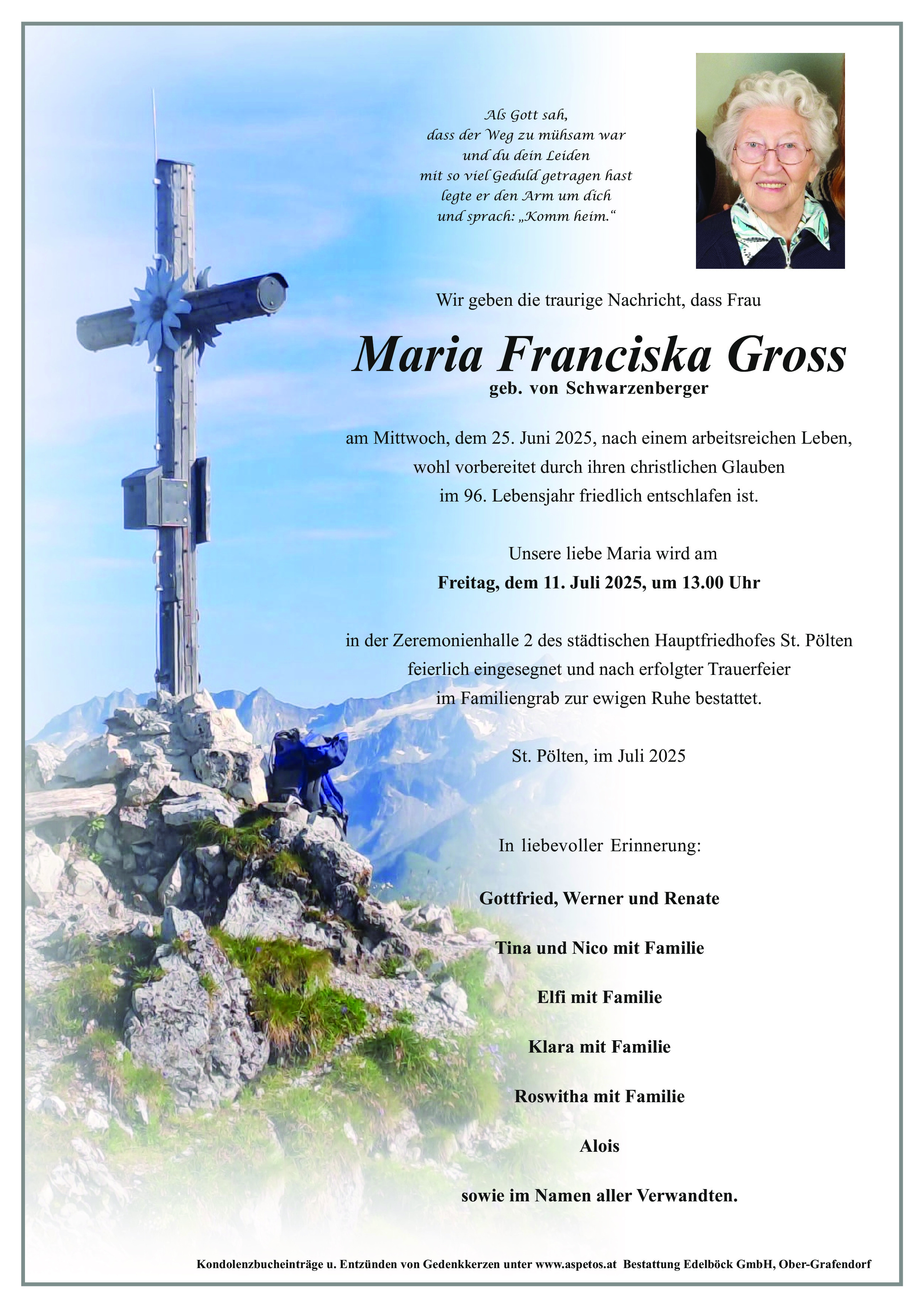 Traueranzeige von Maria Franciska Gross
