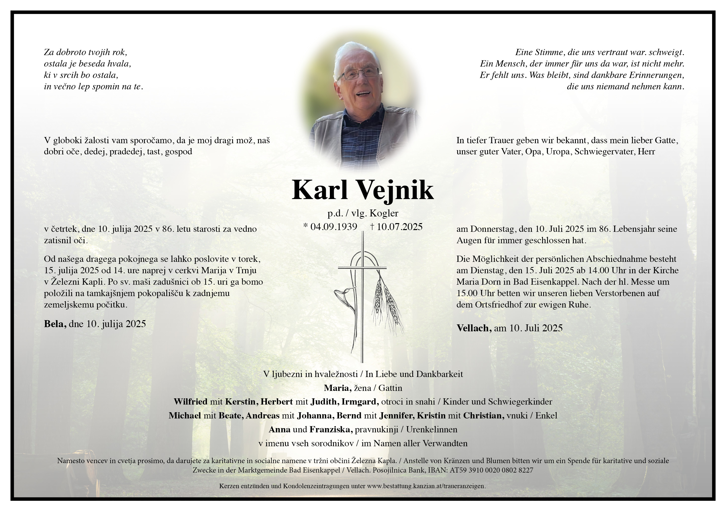 Traueranzeige von Karl Vejnik