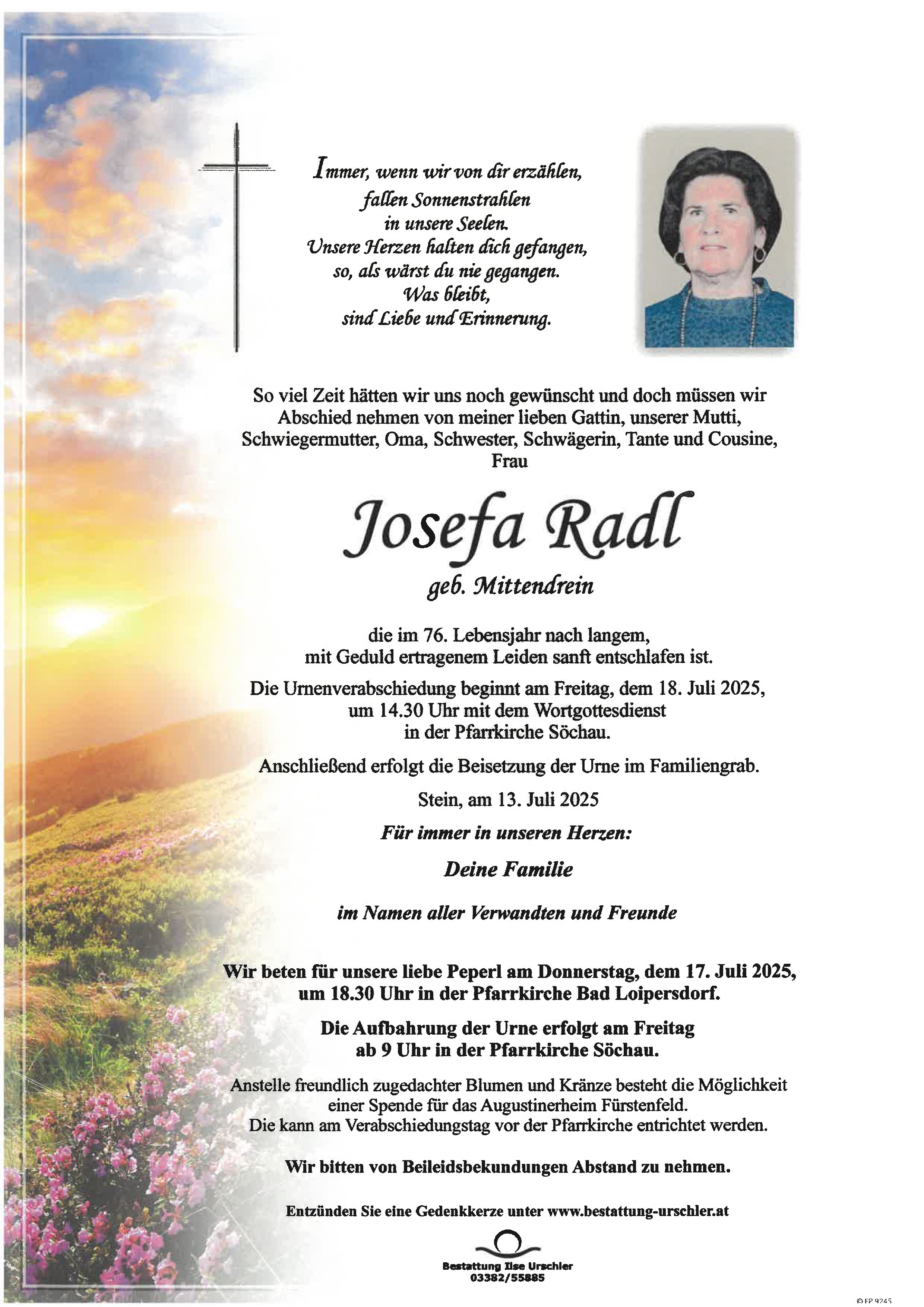 Traueranzeige von Josefa Radl