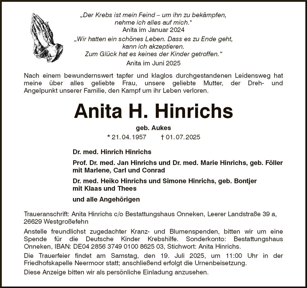 Traueranzeige von Anita Hinrichs