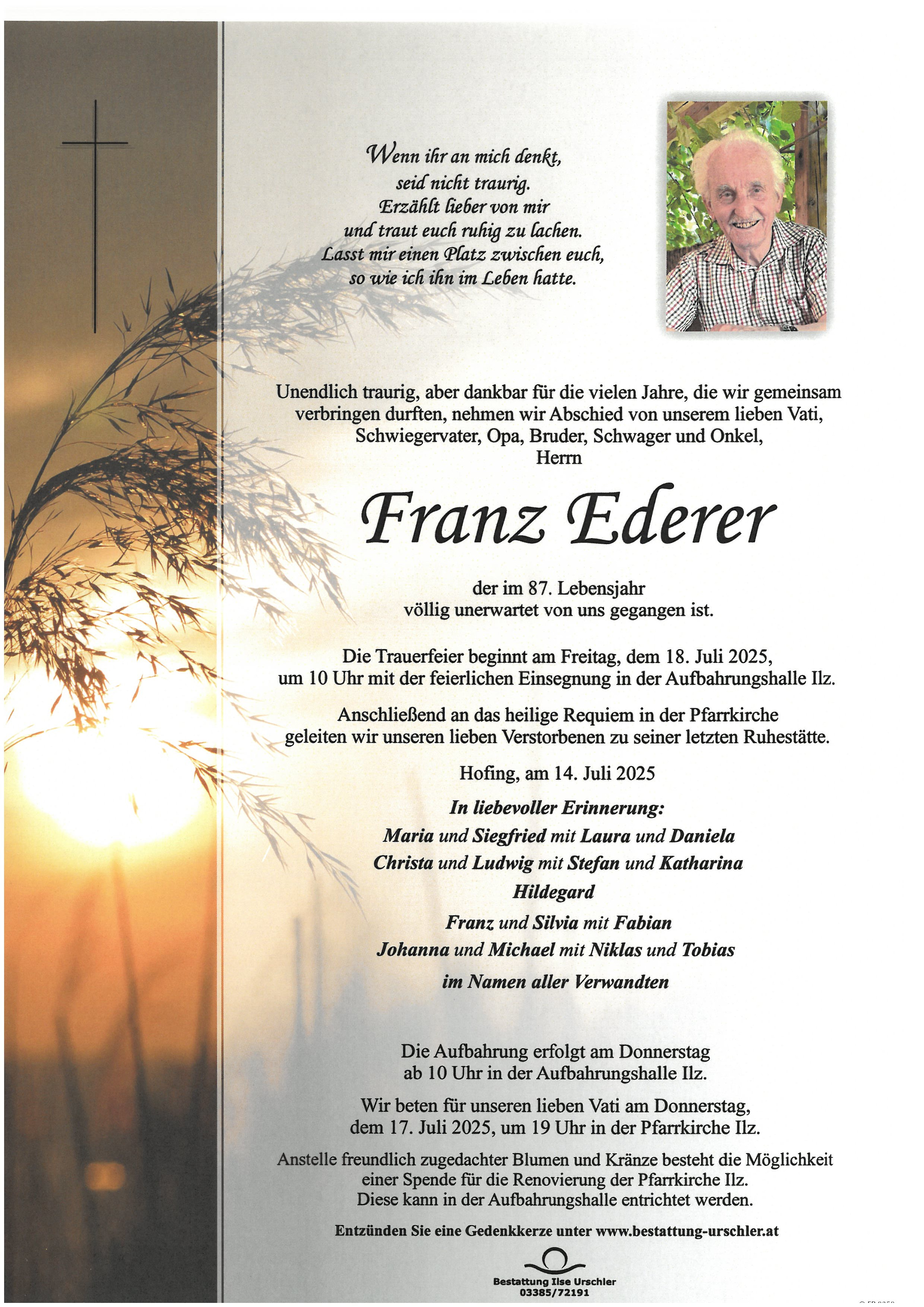 Traueranzeige von Franz Ederer