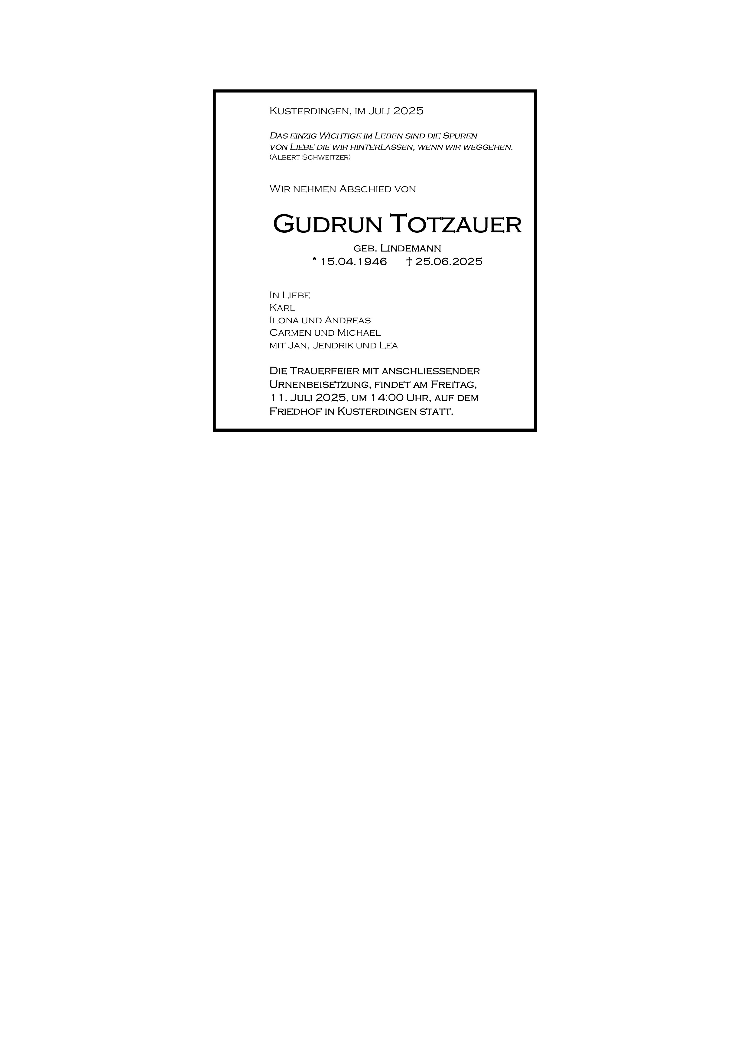 Traueranzeige von Gudrun Totzauer