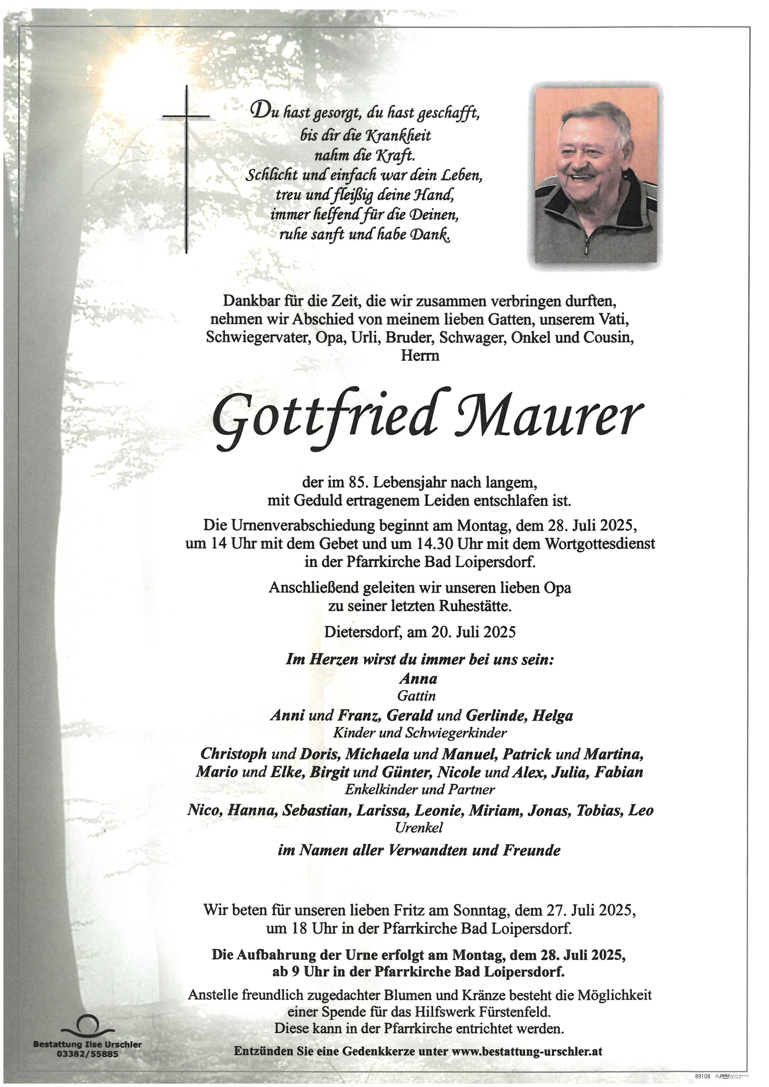 Traueranzeige von Gottfried Maurer